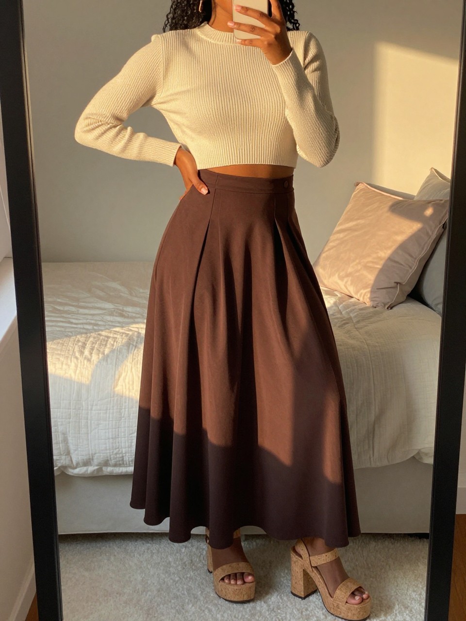 iPhone mirror selfie of a black woman wearing a cream cropped ribbed sweater with a high-waisted chocolate brown flowy maxi skirt and cork platform sandals, one hand on her hip, cropped at NECK so face doesn't show, in a feminine-themed bedroom, evening golden hour, iPhone photo quality.