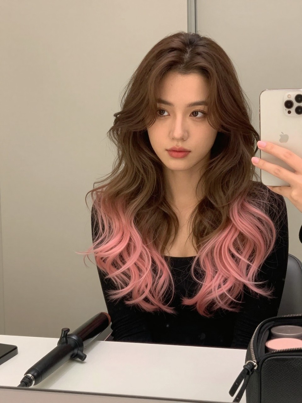 Photo of a woman wearing soft brown hair with pastel pink tips in loose curls, candid mirror selfie, bathroom vanity mirror setting, soft indoor lighting, with a curling iron on the counter and a makeup bag nearby, latest iPhone photo quality.