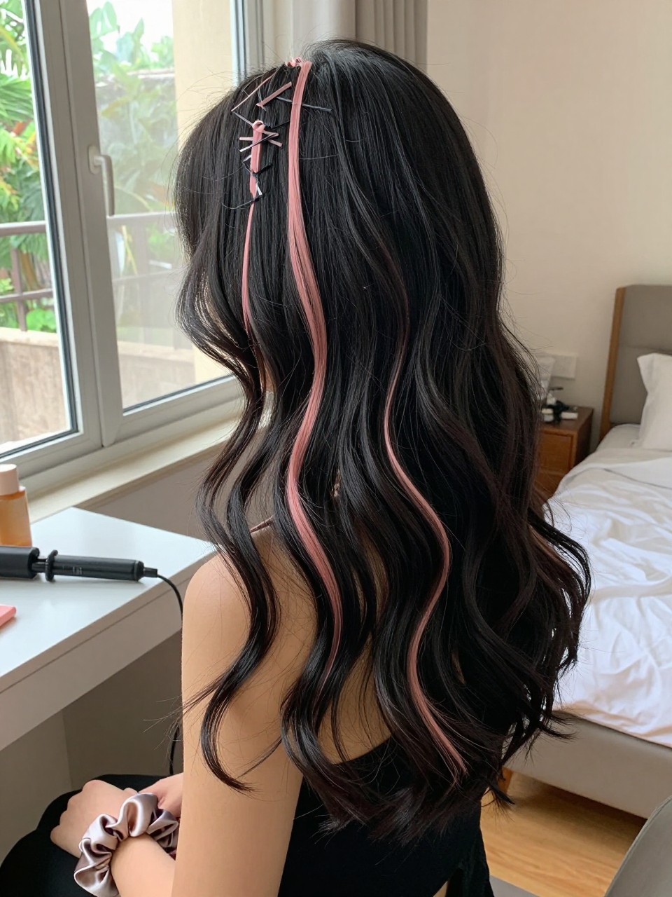 Photo of a woman wearing soft black waves with rose pink highlight ribbons woven through the lengths, side profile view, in a sun-drenched bedroom, natural window light, containing a small lived-in detail such as a curling iron on the counter and a silk scrunchie on the wrist, latest iPhone photo quality.