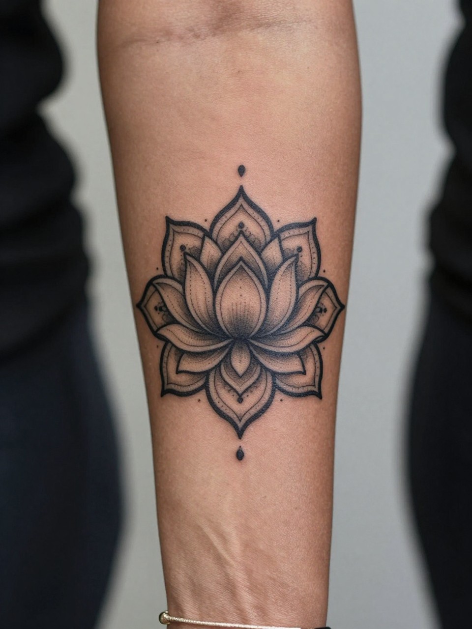 Image Prompt: "Extreme close-up of a mandala-style lotus flower tattoo on the forearm of black feminine woman, black ink fine line and dotwork design, layered petals, ornamental detail, soft shading, medium-size tattoo, realistic skin texture, simple bracelet visible, clean modern feminine tattoo inspiration photo, tight crop, minimal soft background, tattoo is the clear hero (no watermarks on images)"