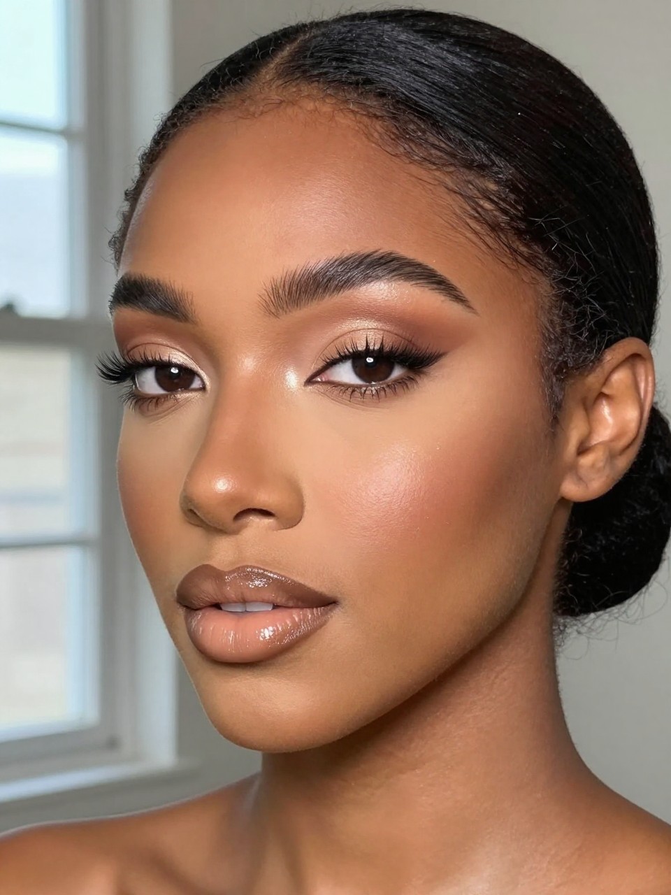 IMAGE_PROMPT: Super realistic close-up beauty portrait of a Black woman wearing classy nude makeup with soft brown crease shadow, light nude eyelids, golden pearl highlight, nude beige glossy lips with brown liner, dewy skin, soft lift lashes, and feathery brows, shot from a three-quarter view, with soft natural window light that clearly reveals the soft eye definition, lip shine, and realistic skin texture, realistic skin texture, black hair pulled into a sleek low bun, minimal neutral background, feminine modern beauty photography, latest iPhone photo quality (no watermarks on images).