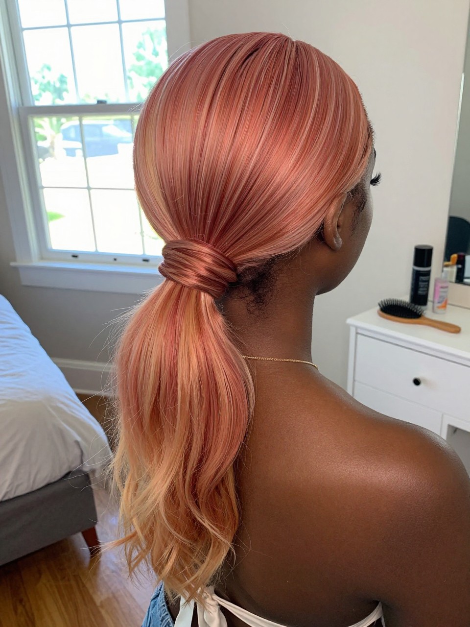 Photo of a black woman wearing a sleek low ponytail with strawberry blonde hair and rosy blonde highlighted ends, back-of-head view to highlight details, in a sun-drenched bedroom, natural window light, containing a small lived-in detail such as a ribbon tied at the base and a hairbrush on the vanity, latest iPhone photo quality.