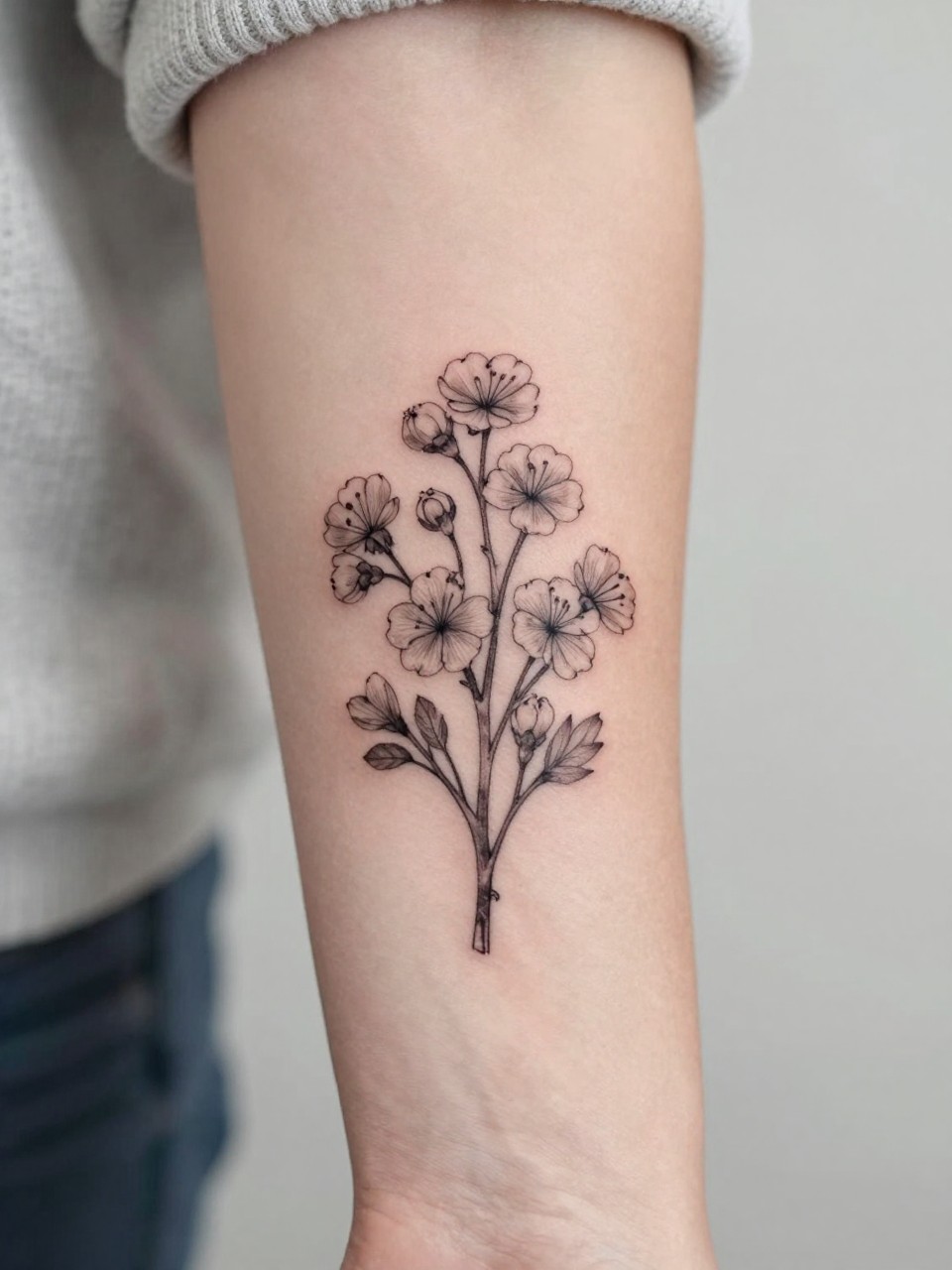 Image Prompt: "Extreme close-up of a small hawthorn bouquet tattoo on the forearm, black ink fine line floral design with multiple delicate blossoms, soft shading, elegant stem arrangement, realistic skin texture, neutral manicure, soft knit fabric slightly visible, design-focused tattoo inspiration photo, clean minimal background (no watermarks on images)"