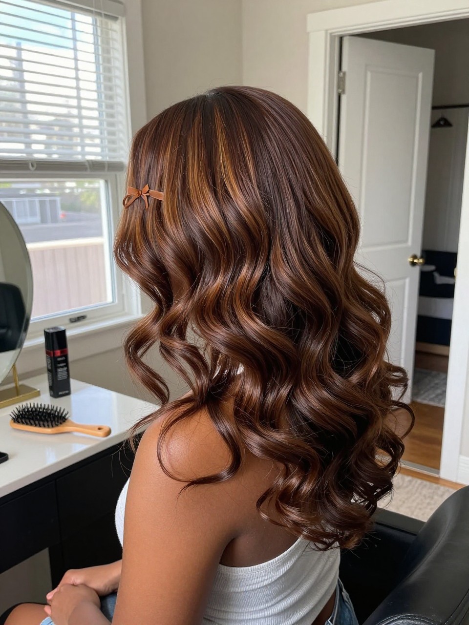 Photo of a black woman wearing chocolate brown hair with caramel ribbons in soft loose waves, back-of-head view to highlight the blended color, sun-drenched bedroom setting, natural window light, with a hairbrush on the vanity and a slightly open closet behind, latest iPhone photo quality.