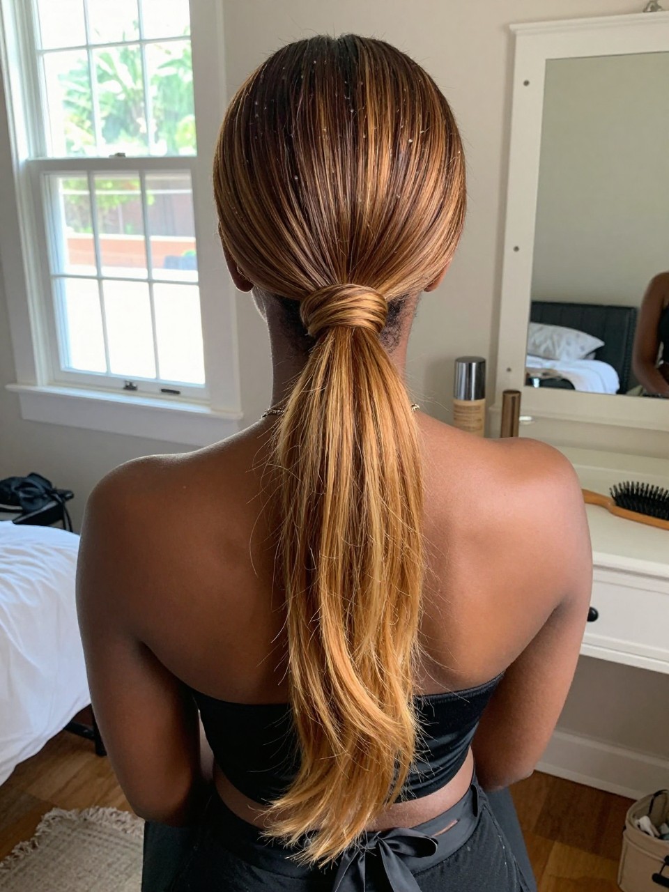 Photo of a Black woman wearing a sleek low ponytail with brown hair and golden highlights through the tail and ends, back-of-head view to highlight details, in a sun-drenched bedroom, natural window light, containing a small lived-in detail such as a black ribbon tied at the base and a hairbrush on the vanity, latest iPhone photo quality.