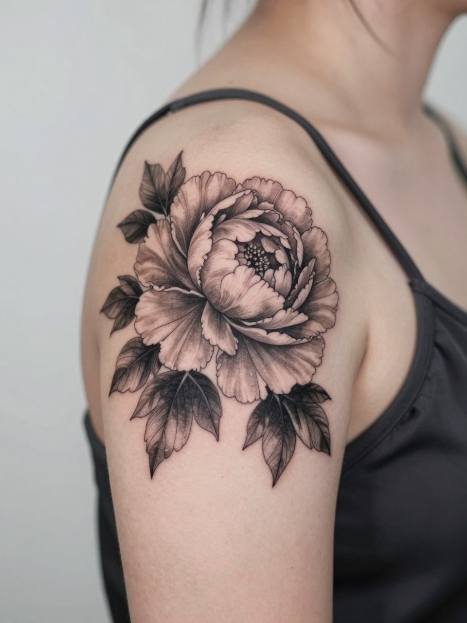 Image Prompt: "Close-up of a single peony flower tattoo on the front shoulder, black and grey ink floral design with layered petals, soft shading, medium-size elegant composition, realistic skin texture, silk blouse strap barely visible, feminine lifestyle-inspired tattoo image, minimal clean background, tattoo dominates the frame (no watermarks on images)"