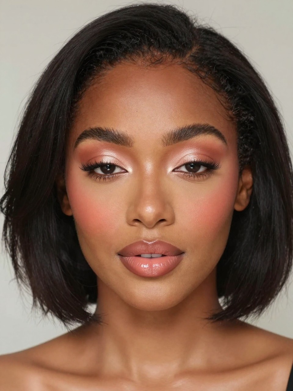 IMAGE_PROMPT: Super realistic close-up beauty portrait of a Black woman wearing classy nude makeup with peach nude eyeshadow, warm brown crease blending, soft lifted brown eyeliner, peach-coral blush, nude pink-brown glossy lips, bright under-eye area, and softly shaped brows, shot from a front-facing portrait, with diffused natural light that clearly reveals the soft warm eye tones and realistic skin texture, realistic skin texture, softly curled black bob hairstyle, minimal neutral background, feminine modern beauty photography, latest iPhone photo quality (no watermarks on images).