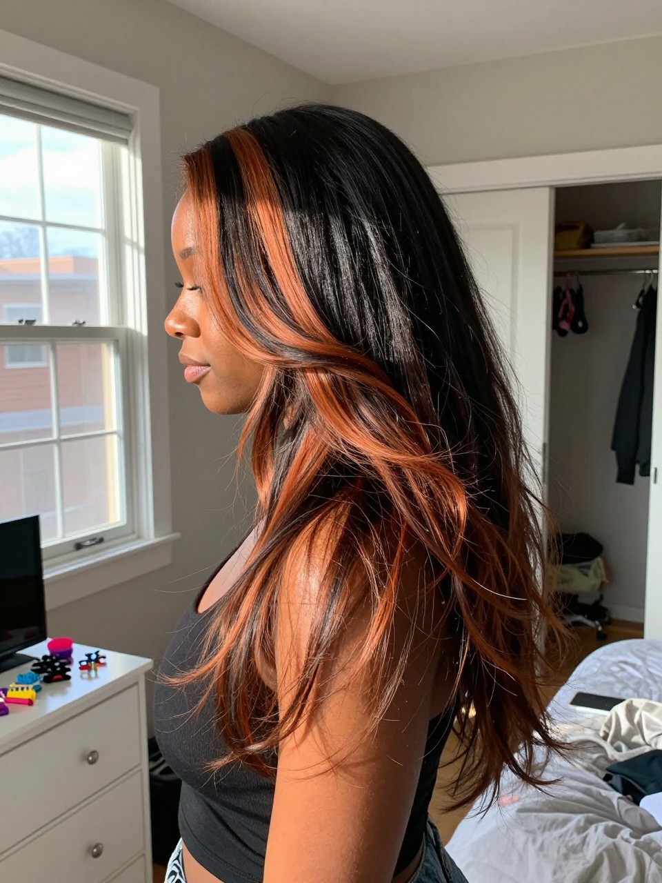 Photo of a black woman wearing long layered black hair with copper orange highlights and soft movement, side profile view, in a sun-drenched bedroom, natural window light, containing a small lived-in detail such as sectioning clips on the dresser and a slightly open closet behind, latest iPhone photo quality.
