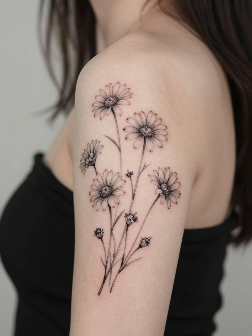 Image Prompt: "Close-up of a wildflower half sleeve black woman tattoo on the upper arm, black ink fine line floral design with daisies, tiny buds, thin stems, soft grey shading, natural flowing layout, realistic skin texture, delicate rings faintly visible, feminine modern tattoo inspiration photo, soft minimal background, tattoo dominates the frame (no watermarks on images)"
