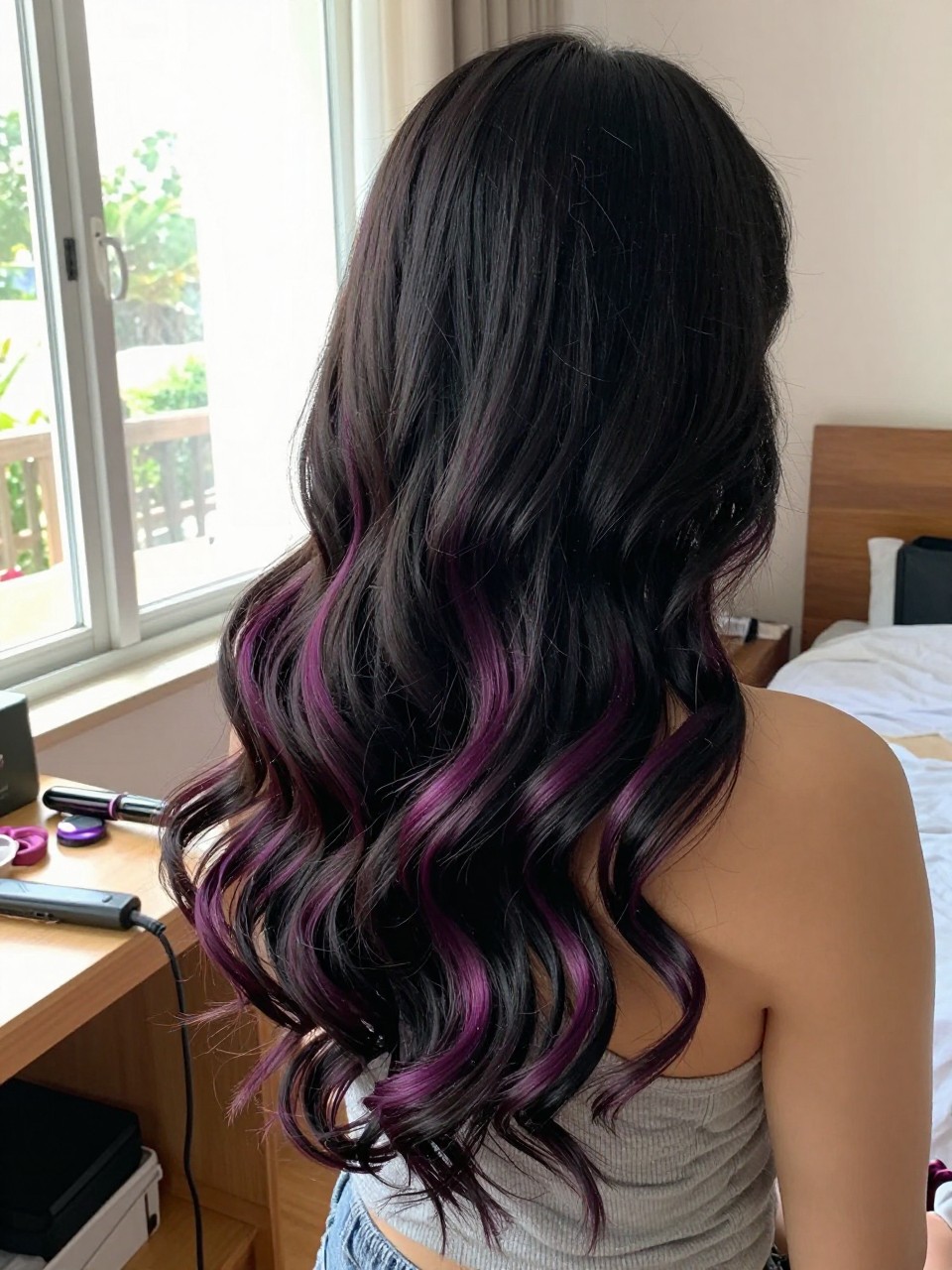 Photo of a woman wearing soft black waves with plum purple highlight ribbons woven through the lengths, side profile view, in a sun-drenched bedroom, natural window light, containing a small lived-in detail such as a curling iron on the counter and a silk scrunchie on the wrist, latest iPhone photo quality.