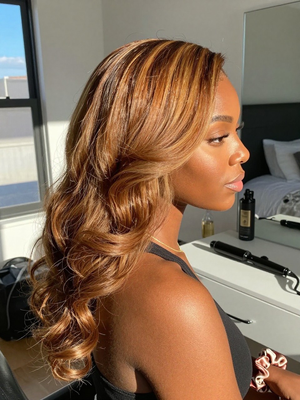 Photo of a black woman wearing sun-kissed bronde hair in loose brushed waves, side profile view, sun-drenched bedroom setting, natural window light, with a curling iron on the vanity and a silk scrunchie on her wrist, latest iPhone photo quality.