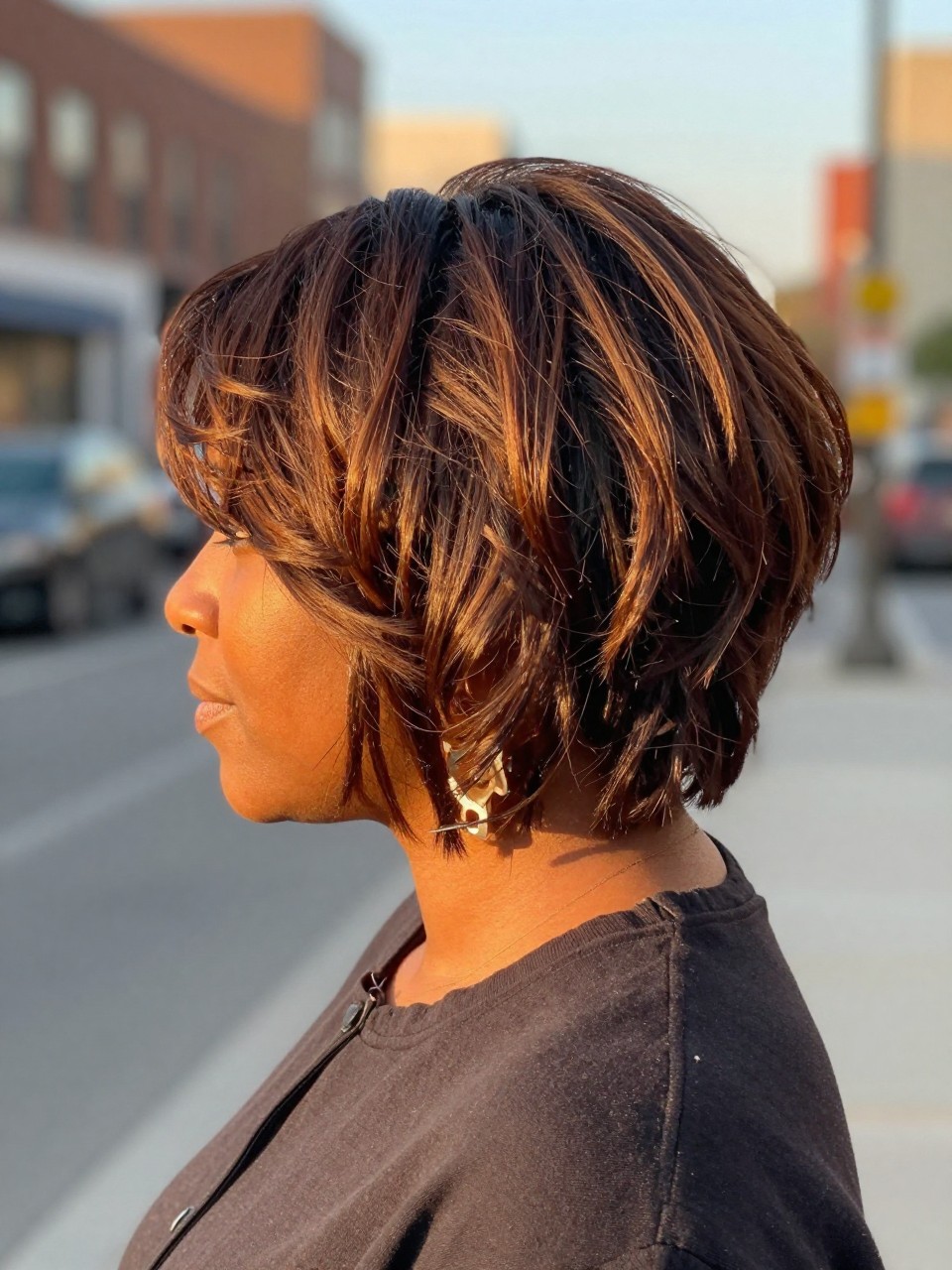 Photo of a black woman wearing a tousled brown bob with deep roast dark highlights and soft choppy texture, back-of-head view to highlight details, in a softly blurred city street background, golden hour glow, containing a small lived-in detail such as a hair clip clipped to the collar and statement earrings peeking through, latest iPhone photo quality.