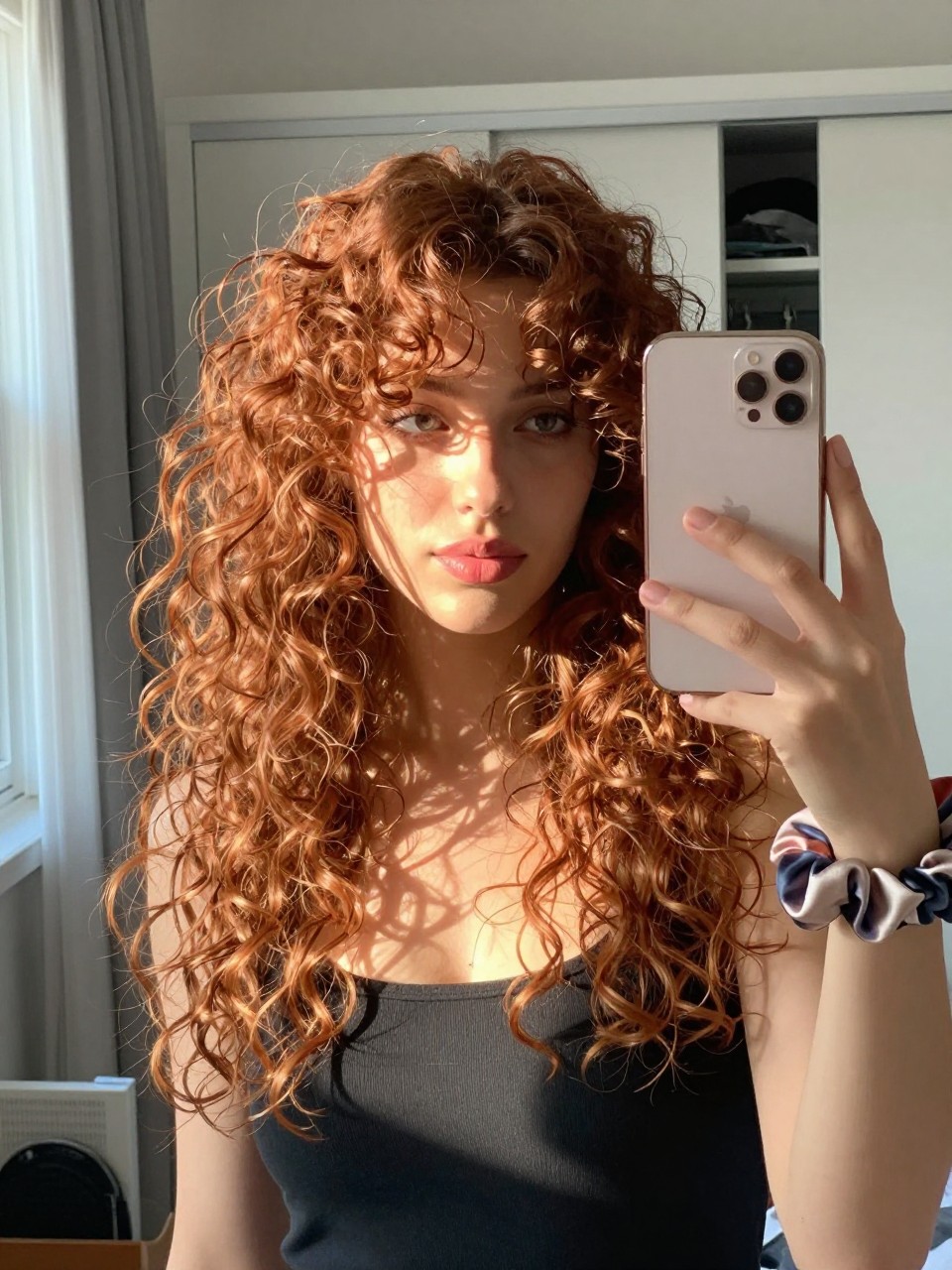 Photo of a woman wearing a copper curly shag with layered curls and soft volume, candid mirror selfie, sun-drenched bedroom setting, natural window light, with a slightly open closet behind and a silk scrunchie on her wrist, latest iPhone photo quality.