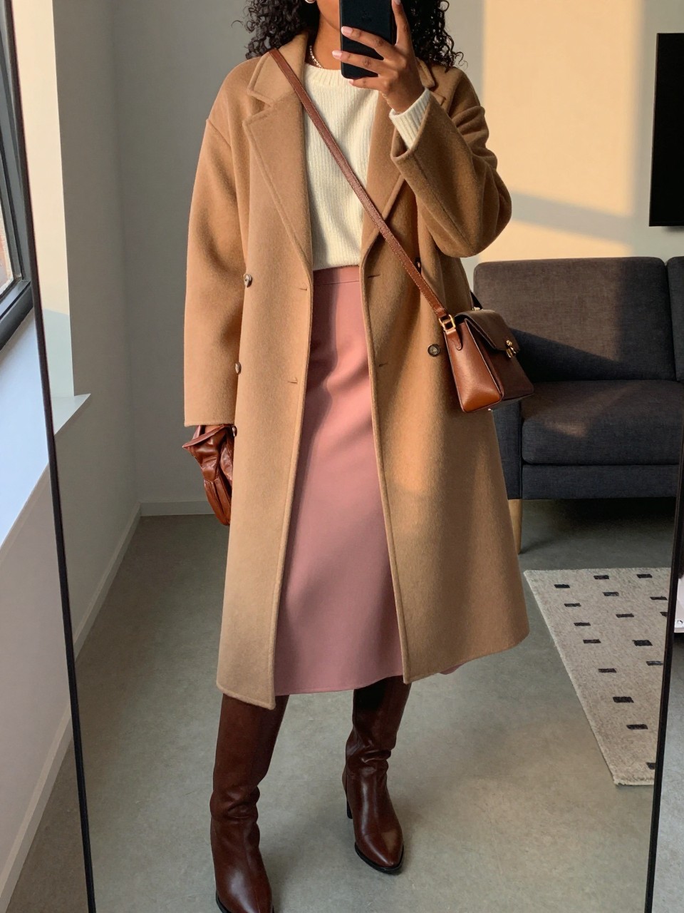 iPhone mirror selfie of a black woman wearing a long camel wool coat over a cream sweater tucked into a dusty pink midi skirt with brown leather knee-high boots and a matching brown crossbody bag, holding leather gloves, standing in an elegant winter pose, cropped at NECK so face doesn't show, in a city apartment, evening golden hour, iPhone photo quality.