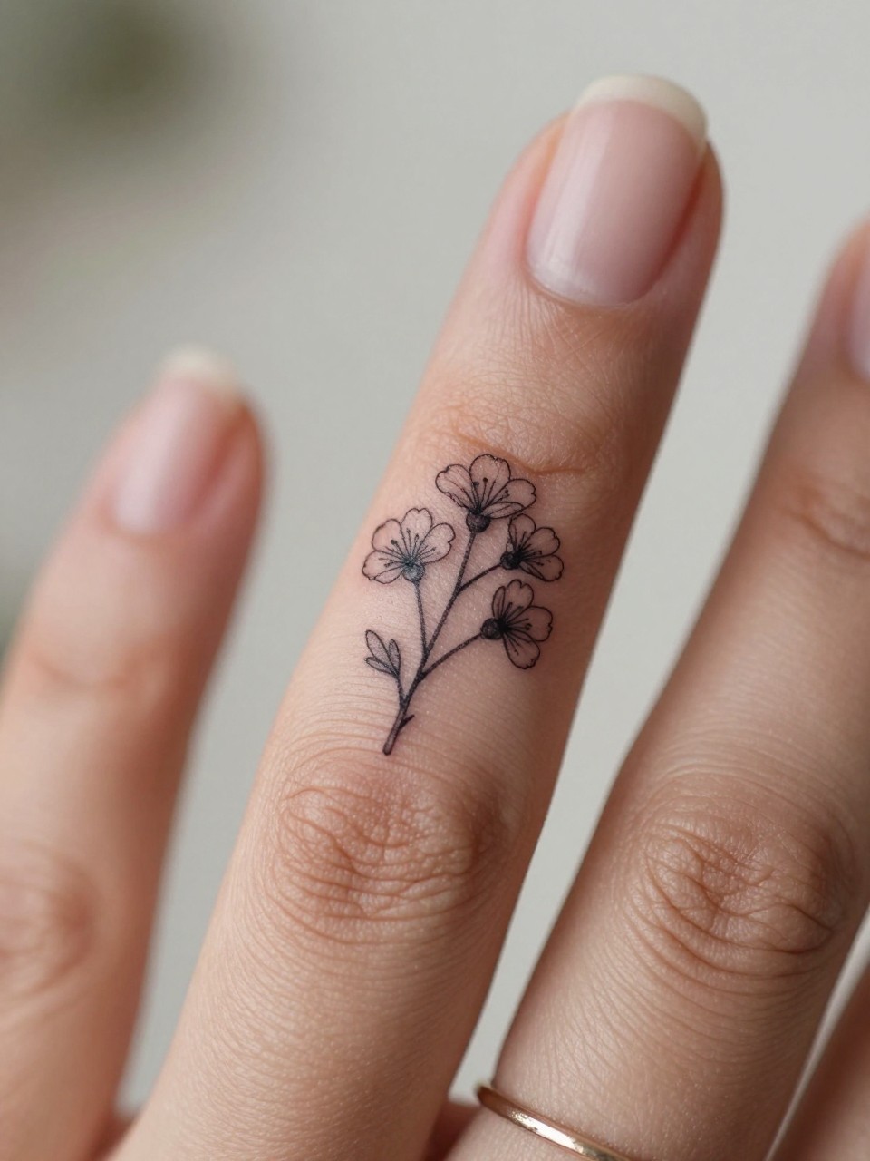 Image Prompt: "Macro shot of a micro hawthorn flower tattoo on the side of the finger of black feminine hands, black ink fine line floral design, tiny stem and delicate petals, minimalist micro tattoo style, realistic skin texture, delicate rings, neutral manicure, very tight crop, soft blurred background, feminine tattoo inspiration photo with tattoo as the main focus (no watermarks on images)"