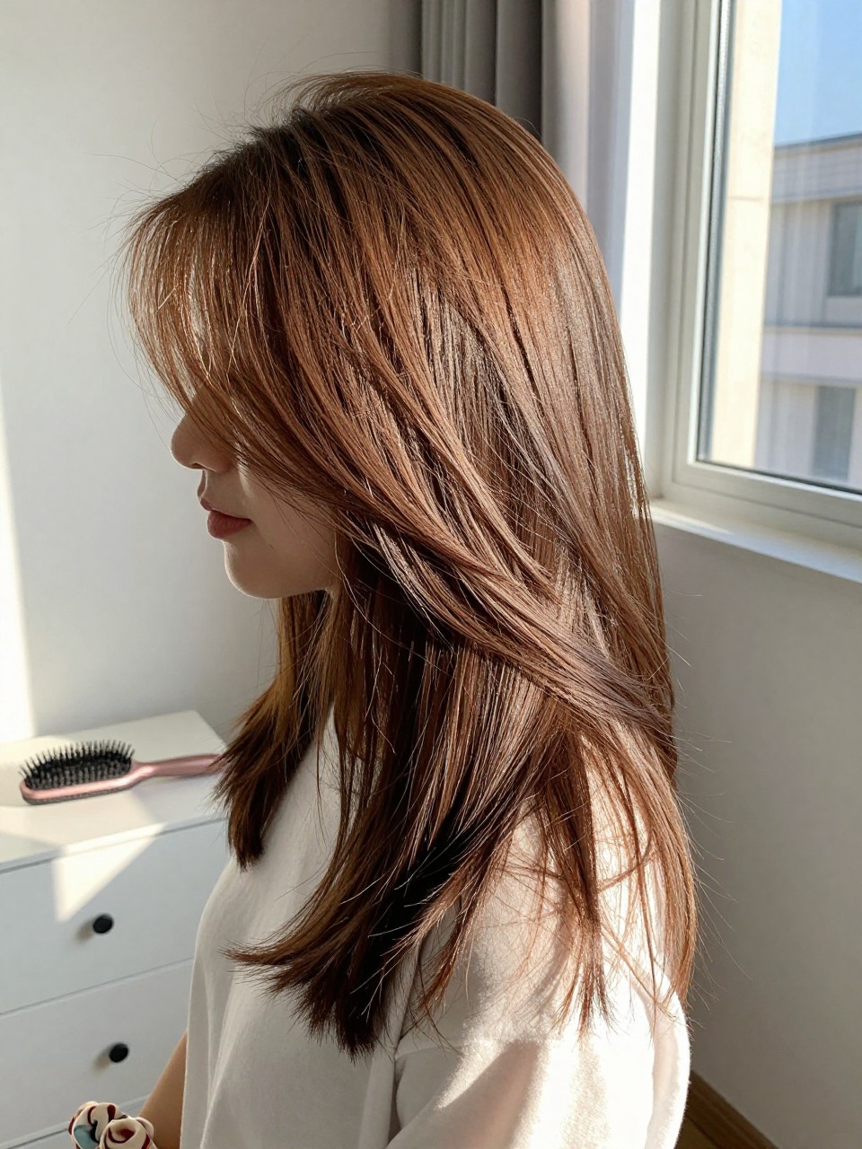 Photo of a woman wearing maple brown glossy hair with soft face-framing layers, side profile view, sun-drenched bedroom setting, natural window light, with a blowout brush on the dresser and a silk scrunchie on her wrist, latest iPhone photo quality.