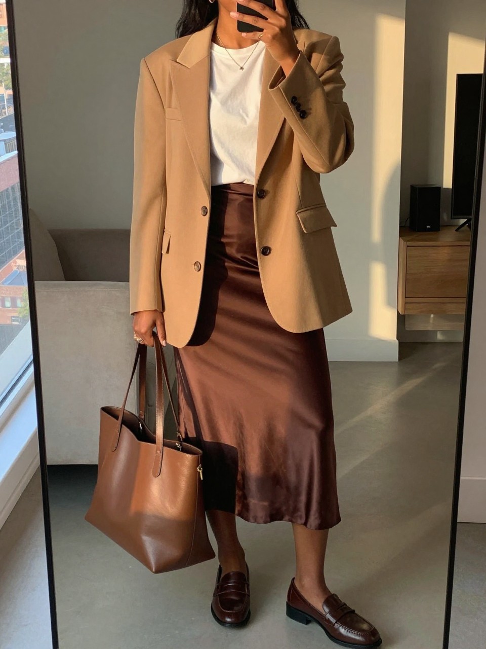 mirror selfie of a black woman wearing an oversized camel blazer over a white tee tucked into a chocolate brown satin midi skirt with brown loafers and a large leather tote, standing in a polished pose, cropped at NECK so face doesn't show, in a city apartment, evening golden hour, iPhone photo quality.