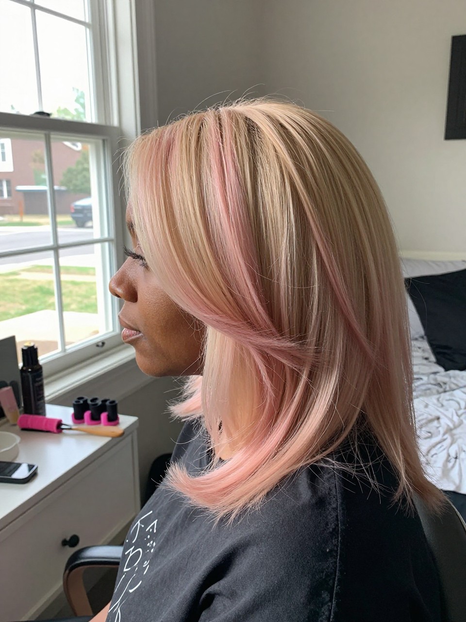 Photo of a black woman wearing a side part blonde blowout with dusty pink highlights, side profile view, in a sun-drenched bedroom, natural window light, containing a small lived-in detail such as velcro rollers on the vanity and a round brush nearby, latest iPhone photo quality.
