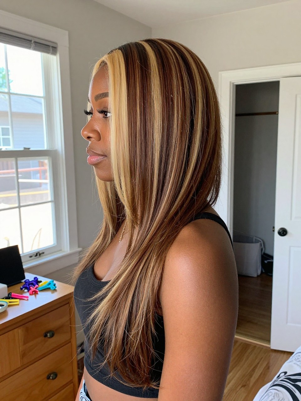 Photo of a black woman wearing long brown hair with creamy blonde chunky block highlights and soft body, side profile view, in a sun-drenched bedroom, natural window light, containing a small lived-in detail such as sectioning clips on the dresser and a slightly open closet behind, latest iPhone photo quality.