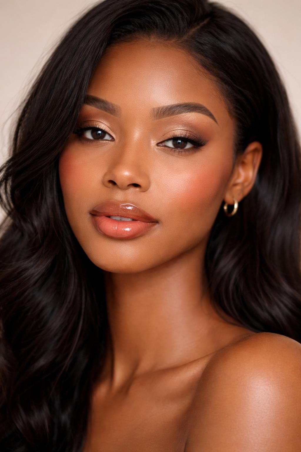 IMAGE_PROMPT: Super realistic close-up beauty portrait of a Black woman wearing classy nude makeup with champagne nude shimmer on the lids, tan crease blending, fresh glowing skin, peach-rose blush, peach-brown glossy lips, softly lifted lashes, and feathered brows, shot from a front-facing portrait, with diffused beauty studio lighting that clearly reveals the lid shimmer, cheek glow, and realistic skin texture, realistic skin texture, softly styled black hair, minimal neutral background, feminine modern beauty photography, latest iPhone photo quality (no watermarks on images).