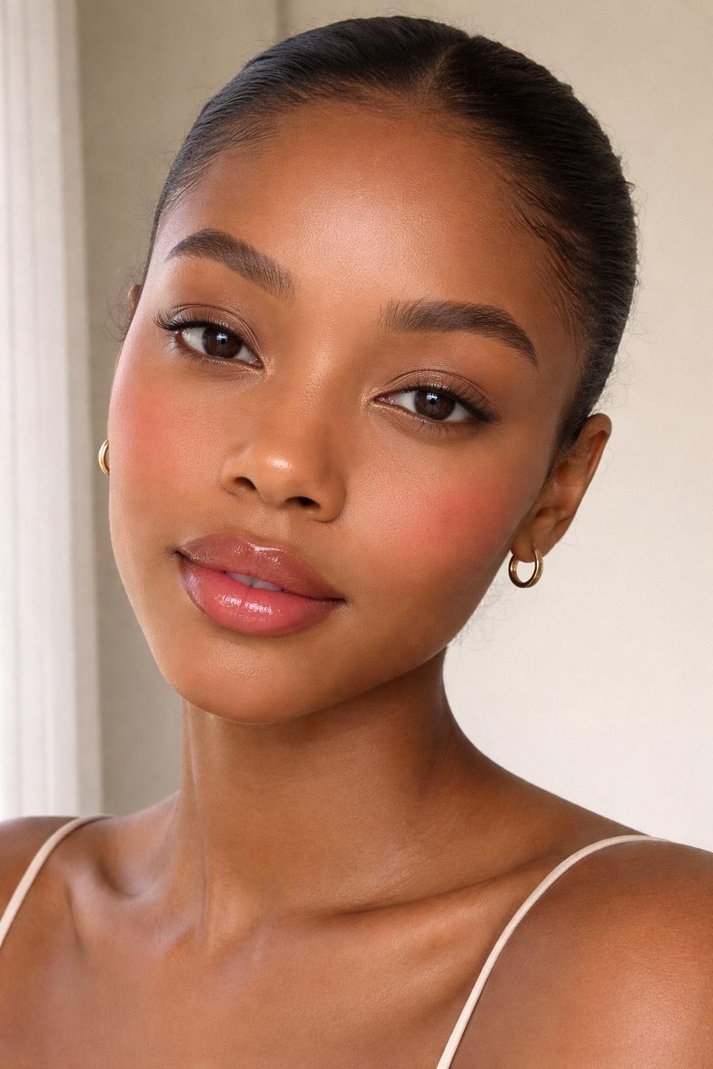 IMAGE_PROMPT: Super realistic close-up beauty portrait of a Black woman wearing clean girl makeup with natural spot-concealed skin, soft warm bronzing, rosy cheeks, rosy nude tinted lips, lightly filled brows, natural lashes, and a bright fresh complexion, shot from a front-facing portrait, with soft window light that clearly reveals the subtle makeup and realistic skin texture, realistic skin texture, softly pulled-back hair, minimal neutral background, feminine modern beauty photography, latest iPhone photo quality (no watermarks on images).