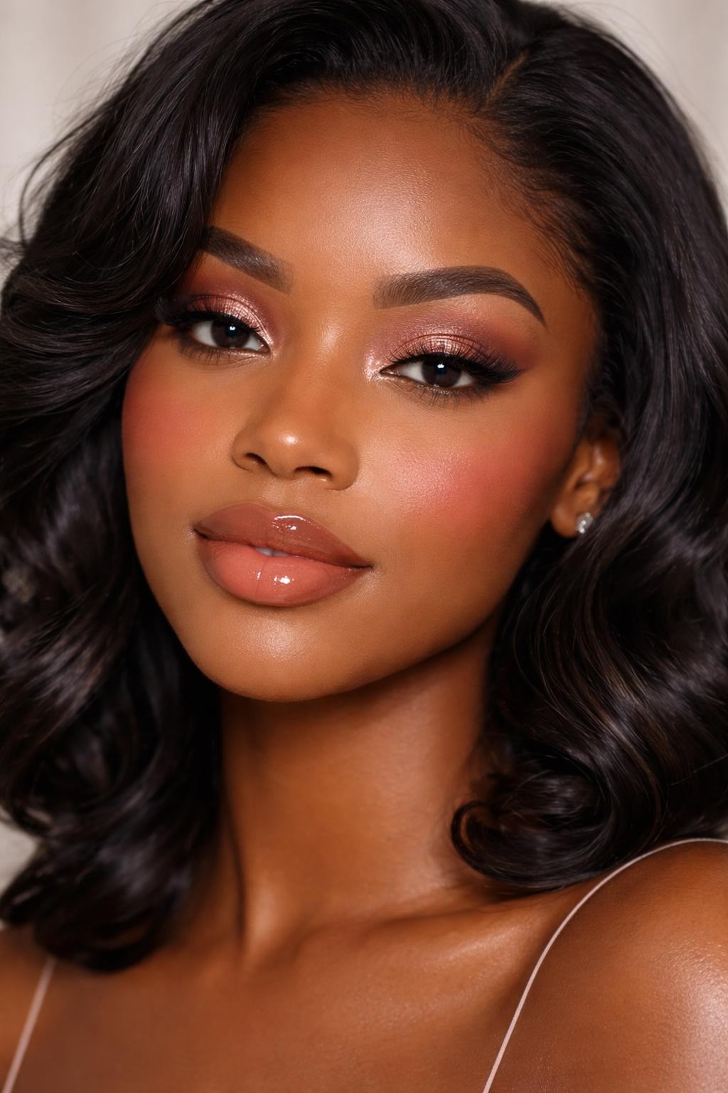 IMAGE_PROMPT: Super realistic close-up beauty portrait of a Black woman wearing cute birthday makeup with rose gold shimmer eyeshadow across the lids, warm brown crease definition, softly glowing skin, warm rose blush, caramel nude glossy lips, wispy lashes, and full brushed brows, shot from a front-facing portrait, with diffused beauty studio lighting that clearly reveals the shimmer texture, skin finish, and lip shine, realistic skin texture, softly curled black hair framing the face, minimal neutral background, feminine modern beauty photography, latest iPhone photo quality (no watermarks on images).