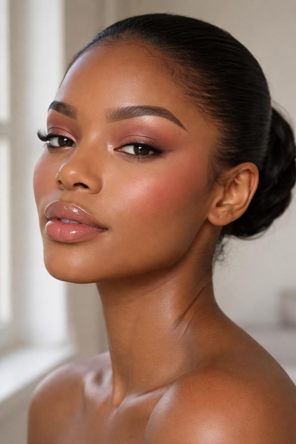 IMAGE_PROMPT: Super realistic close-up beauty portrait of a Black woman wearing matte blush pink eyeshadow with muted rose outer corners, fresh natural skin, pink-brown cream blush, clear glossy lips over subtle nude liner, natural lifted lashes, and fluffy brows, shot from a three-quarter view, with soft natural window light that clearly reveals the matte eye texture and realistic skin texture, realistic skin texture, sleek low bun, minimal blurred background, feminine modern beauty photography, latest iPhone photo quality (no watermarks on images).