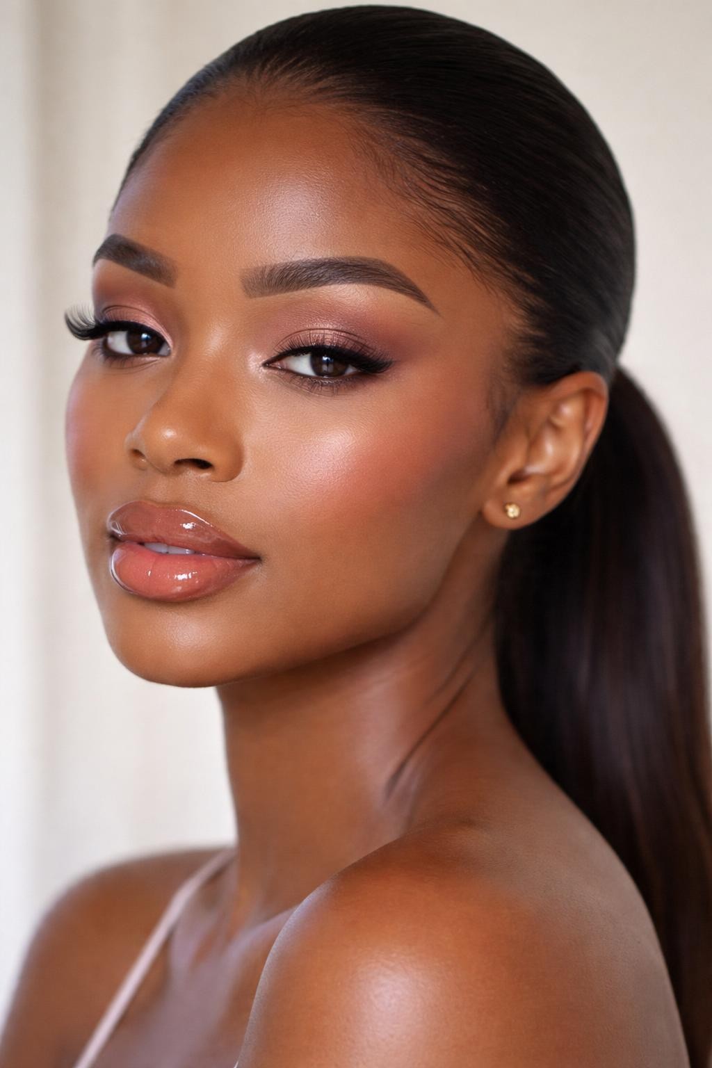 IMAGE_PROMPT: Super realistic close-up beauty portrait of a Black woman wearing light pink shimmer on the inner lids with soft rose matte blending through the crease, bright under-eyes, soft pink-brown blush, soft nude glossy lips, lifted lashes, and feathered brows, shot from a three-quarter view, with soft natural light that clearly reveals the inner eye brightness and realistic skin texture, realistic skin texture, sleek low ponytail, minimal soft background, feminine modern beauty photography, latest iPhone photo quality (no watermarks on images).