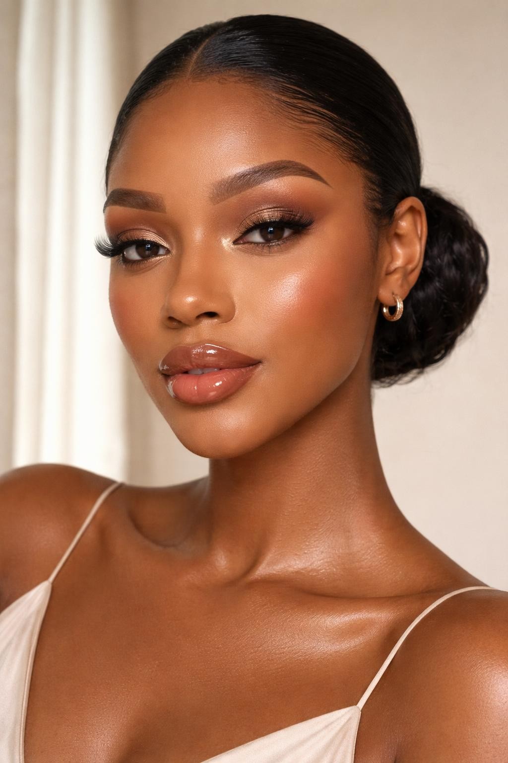 IMAGE_PROMPT: Super realistic close-up beauty portrait of a Black woman wearing soft glam makeup with soft brown crease shadow, champagne shimmer on the inner lids, golden pearl highlight, nude brown glossy lips with brown liner, dewy skin, soft volume lashes, and feathery brows, shot from a front-facing portrait, with soft natural window light that clearly reveals the champagne glow, lip shine, and realistic skin texture, realistic skin texture, black hair pulled into a sleek low bun, minimal neutral background, feminine modern beauty photography, latest iPhone photo quality (no watermarks on images).