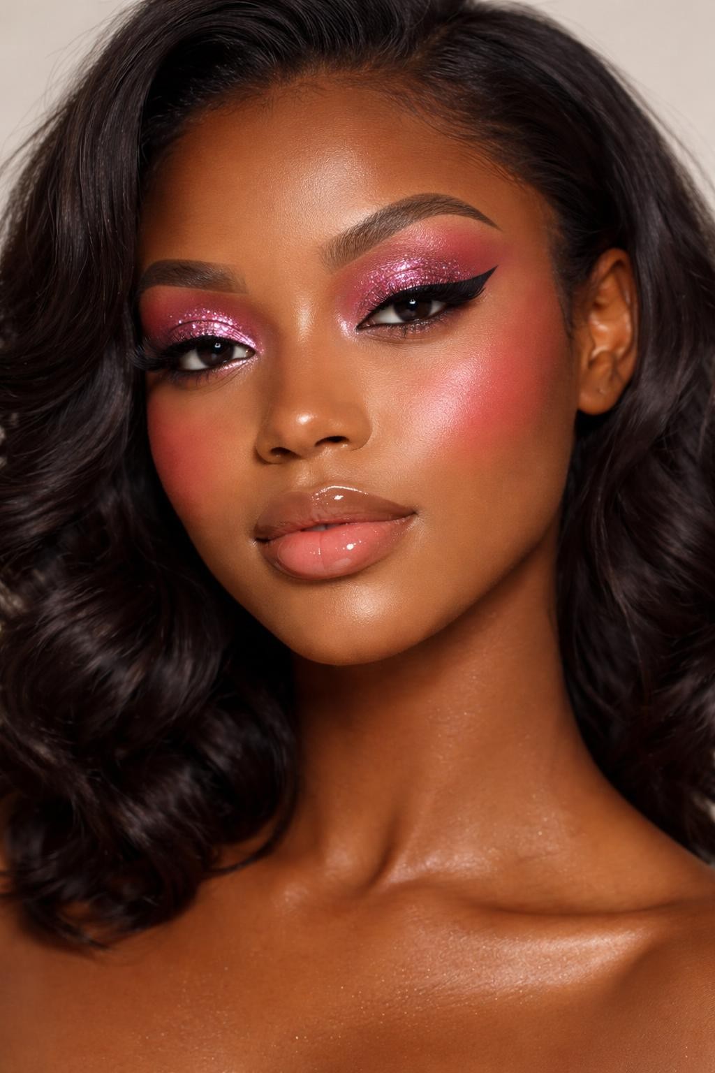 IMAGE_PROMPT: Super realistic close-up beauty portrait of a Black woman wearing cute birthday makeup with bright sparkly pink eyelids, muted rose crease blending, bright rose blush, light nude glossy lips, wispy cat-eye lashes, glowing skin, and neatly shaped brows, shot from a front-facing portrait, with diffused beauty studio lighting that clearly reveals the sparkle, cheek color, and realistic skin texture, realistic skin texture, softly curled black hair, minimal neutral background, feminine modern beauty photography, latest iPhone photo quality (no watermarks on images).