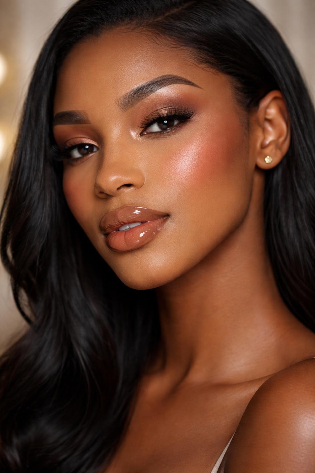 IMAGE_PROMPT: Super realistic close-up beauty portrait of a Black woman wearing classy nude makeup with warm neutral eyelids, softly deepened espresso brown outer corners and lash line, luminous skin, deep rose-bronze blush, glossy toffee nude lips, soft flutter lashes, and full defined brows, shot from a three-quarter face angle, with soft vanity lighting that clearly reveals the deeper eye definition, lip gloss shine, and realistic skin texture, realistic skin texture, sleek black hair, minimal blurred backdrop, feminine modern beauty photography, latest iPhone photo quality (no watermarks on images).