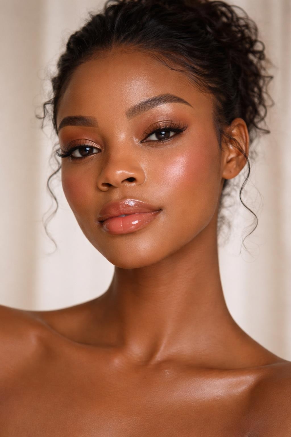 IMAGE_PROMPT: Super realistic close-up beauty portrait of a Black woman wearing clean girl makeup with a soft bronze wash on the eyelids, warm rose blush, nude tinted balm lips, soft flutter lashes, smooth natural skin, and brushed brows, shot from a front-facing portrait, with diffused natural light that clearly reveals the soft bronze eye warmth and realistic skin texture, realistic skin texture, softly curled hair pulled back from the face, minimal soft background, feminine modern beauty photography, latest iPhone photo quality (no watermarks on images).