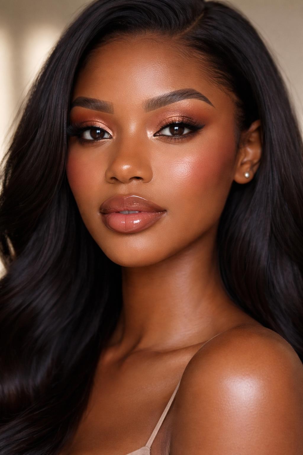 IMAGE_PROMPT: Super realistic close-up beauty portrait of a Black woman wearing soft glam makeup with glowing copper shimmer eyeshadow, warm brown crease, cinnamon-rose blush, warm nude brown glossy lips, soft flutter lashes, radiant skin, and shaped natural brows, shot from a front-facing portrait, with diffused studio lighting that clearly reveals the copper shine, blush warmth, and realistic skin texture, realistic skin texture, softly styled long black hair, minimal blurred background, feminine modern beauty photography, latest iPhone photo quality (no watermarks on images).