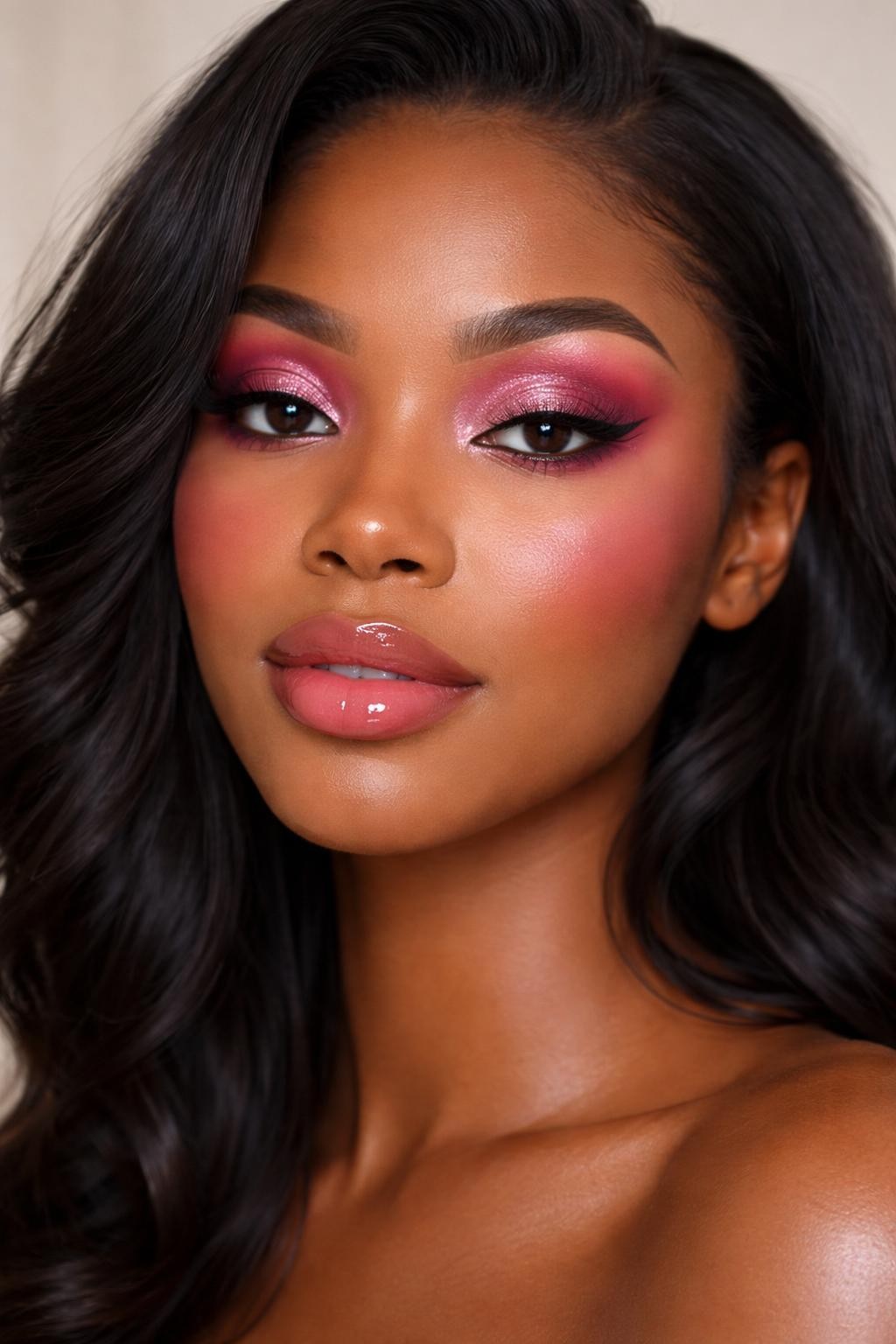 IMAGE_PROMPT: Super realistic close-up beauty portrait of a Black woman wearing pink halo eyes with deeper hot pink on the inner and outer corners and bright light pink shimmer at the center lid, soft-volume lashes, rosy berry blush, rose pink glossy lips, glowing skin, and full brushed brows, shot from a front-facing portrait, with diffused beauty studio lighting that clearly reveals the halo effect, shimmer detail, and realistic skin texture, realistic skin texture, softly styled black hair, minimal neutral background, feminine modern beauty photography, latest iPhone photo quality (no watermarks on images).