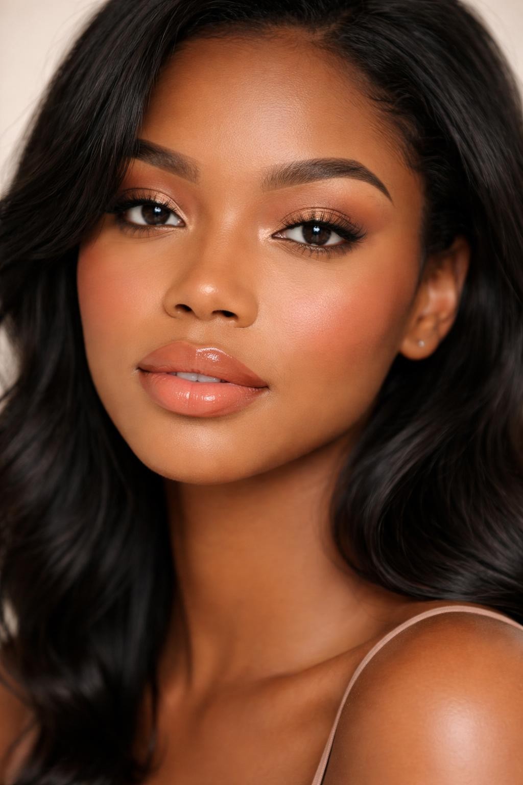IMAGE_PROMPT: Super realistic close-up beauty portrait of a Black woman wearing classy nude makeup with cinnamon beige eyeshadow, softened tan edges, warm peach-coral blush, peach nude satin lips, radiant satin skin, lifted lashes, and softly shaped brows, shot from a front-facing portrait, with diffused beauty studio lighting that clearly reveals the warm nude tones and realistic skin finish, realistic skin texture, softly styled black hair framing the face, minimal soft background, feminine modern beauty photography, latest iPhone photo quality (no watermarks on images).