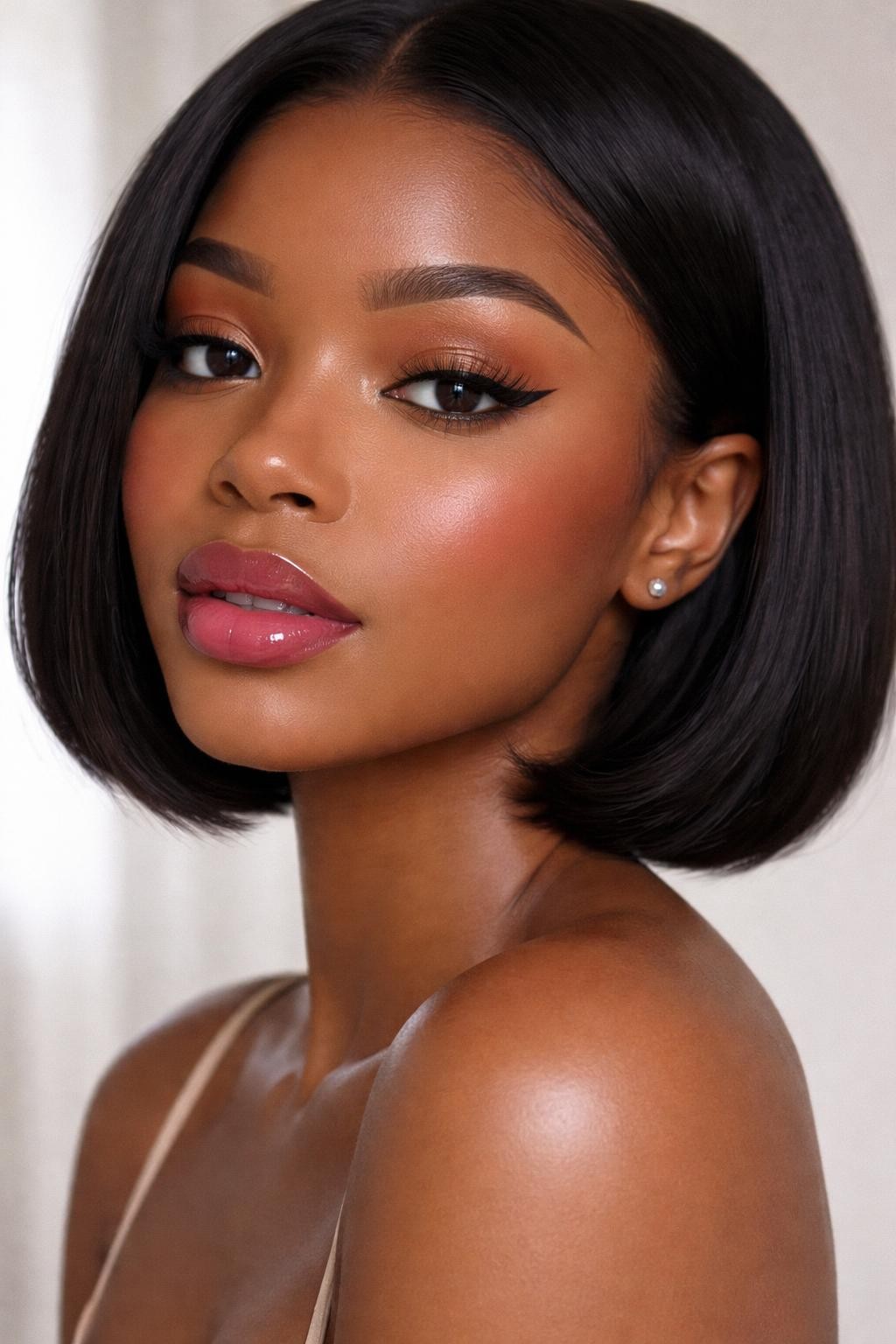IMAGE_PROMPT: Super realistic close-up beauty portrait of a Black woman wearing cute birthday makeup with neutral tan and brown matte eyeshadow, muted rose blush, glossy berry pink lips, clean lifted lashes, smooth skin-like complexion, and softly arched brows, shot from a three-quarter face angle, with soft natural light that clearly reveals the lip color, eye detail, and realistic skin texture, realistic skin texture, sleek black bob hairstyle, minimal soft background, feminine modern beauty photography, latest iPhone photo quality (no watermarks on images).