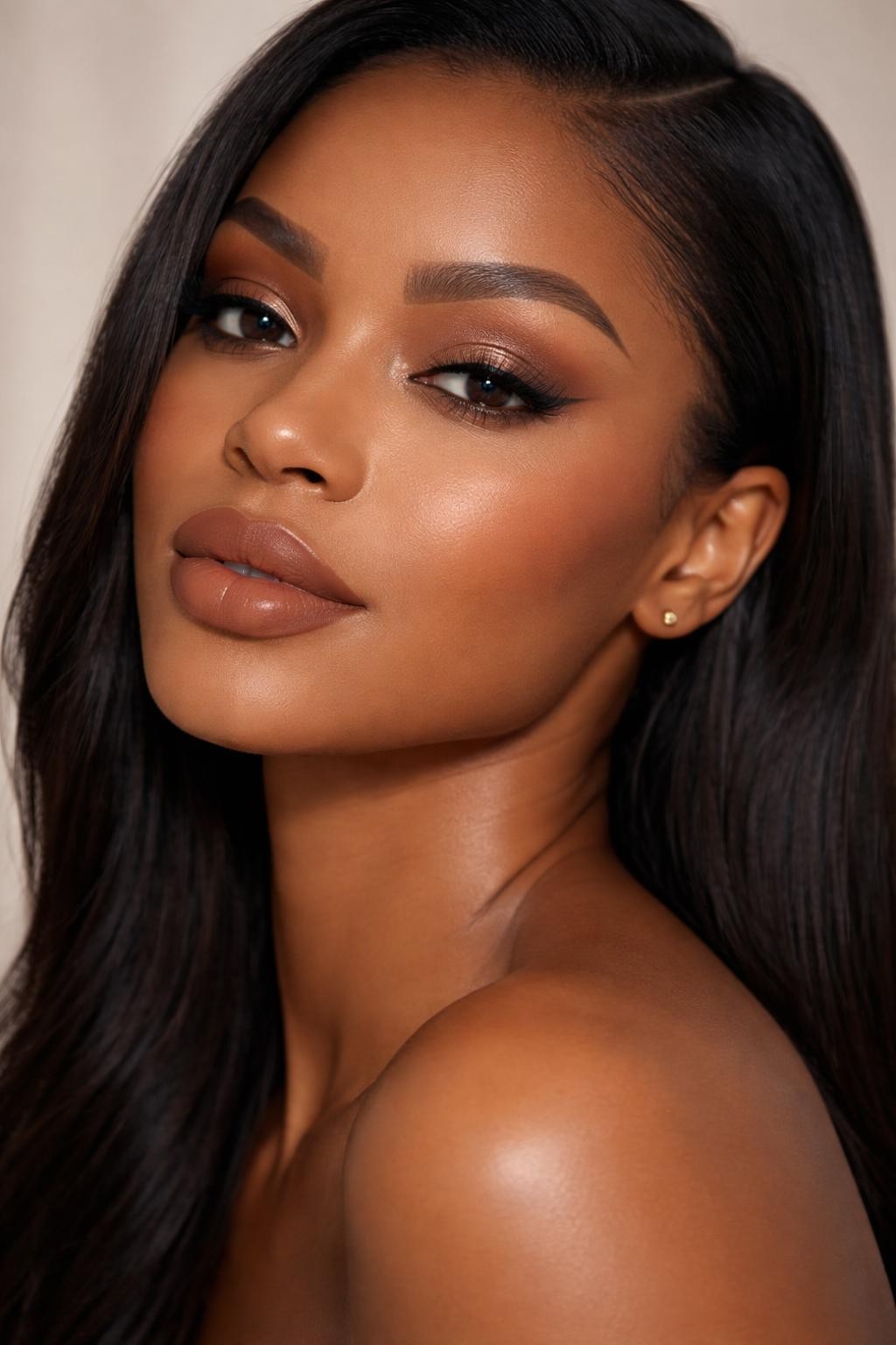 IMAGE_PROMPT: Super realistic close-up beauty portrait of a Black woman wearing classy nude makeup with satin brown eyeshadow, softly blended tan edges, satin complexion, softly bronzed cheekbones, velvet nude brown lips, clean lifted lashes, and neat full brows, shot from a three-quarter face angle, with soft beauty studio lighting that clearly reveals the satin eye finish and believable skin texture, realistic skin texture, sleek straight black hair, minimal soft backdrop, feminine modern beauty photography, latest iPhone photo quality (no watermarks on images).