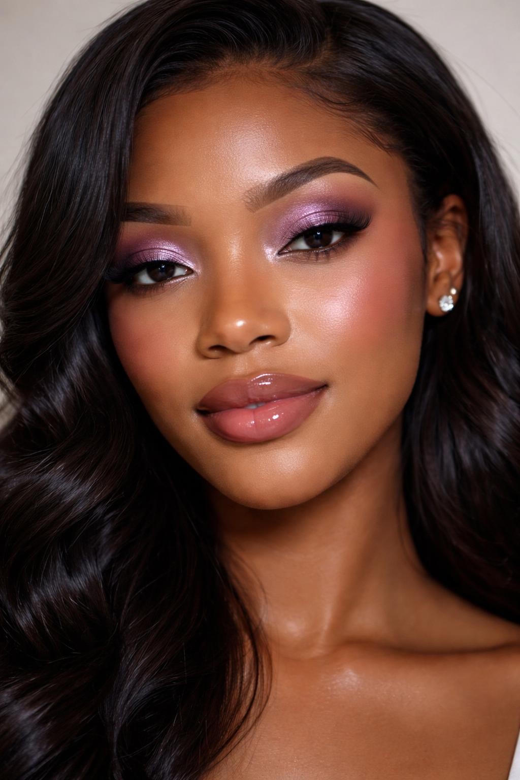 IMAGE_PROMPT: Super realistic close-up beauty portrait of a Black woman wearing cute birthday makeup with lilac shimmer eyeshadow on the lids, muted plum crease shading, luminous skin, soft mauve blush, mauve pink glossy lips, wispy lashes, and softly groomed brows, shot from a front-facing portrait, with diffused studio lighting that clearly reveals the lilac shimmer, skin glow, and realistic makeup texture, realistic skin texture, softly waved black hair, minimal blurred background, feminine modern beauty photography, latest iPhone photo quality (no watermarks on images).