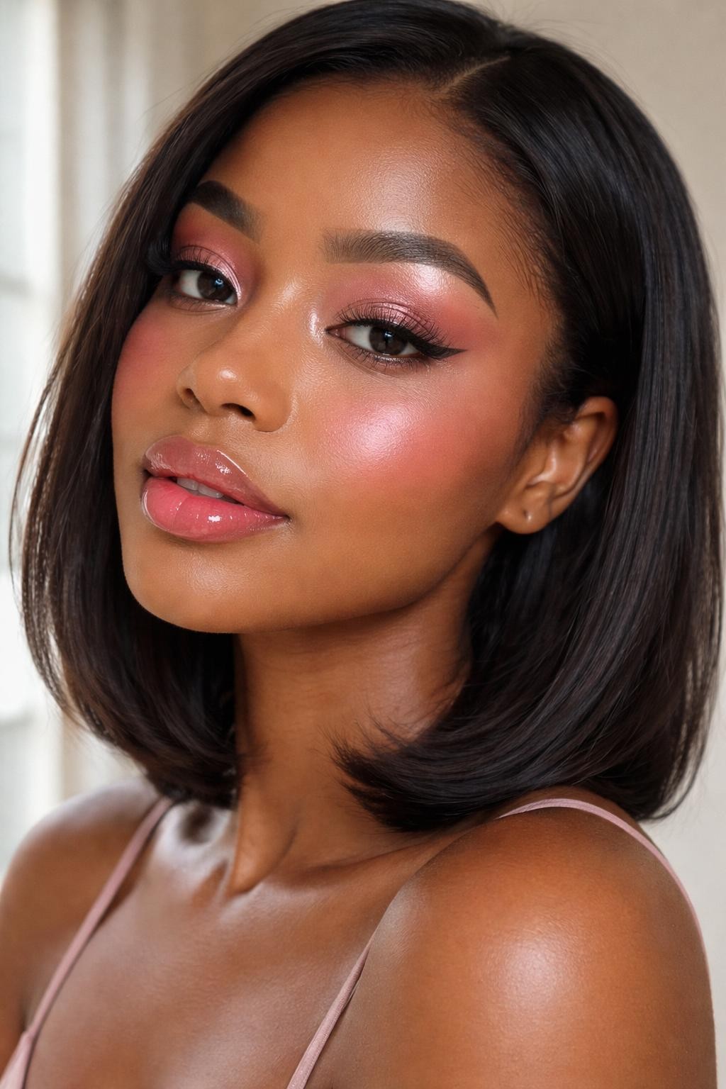 IMAGE_PROMPT: Super realistic close-up beauty portrait of a Black woman wearing cute birthday makeup with soft pink eyeshadow blended over the lids, a touch of shimmer at the center, fresh dewy skin, cool rose blush, rosy pink glossy lips, fluttery lashes, and softly shaped brows, shot from a three-quarter face angle, with soft natural window light that clearly reveals the makeup texture and color, realistic skin texture, sleek shoulder-length hair, minimal blurred background, feminine modern beauty photography, latest iPhone photo quality (no watermarks on images).