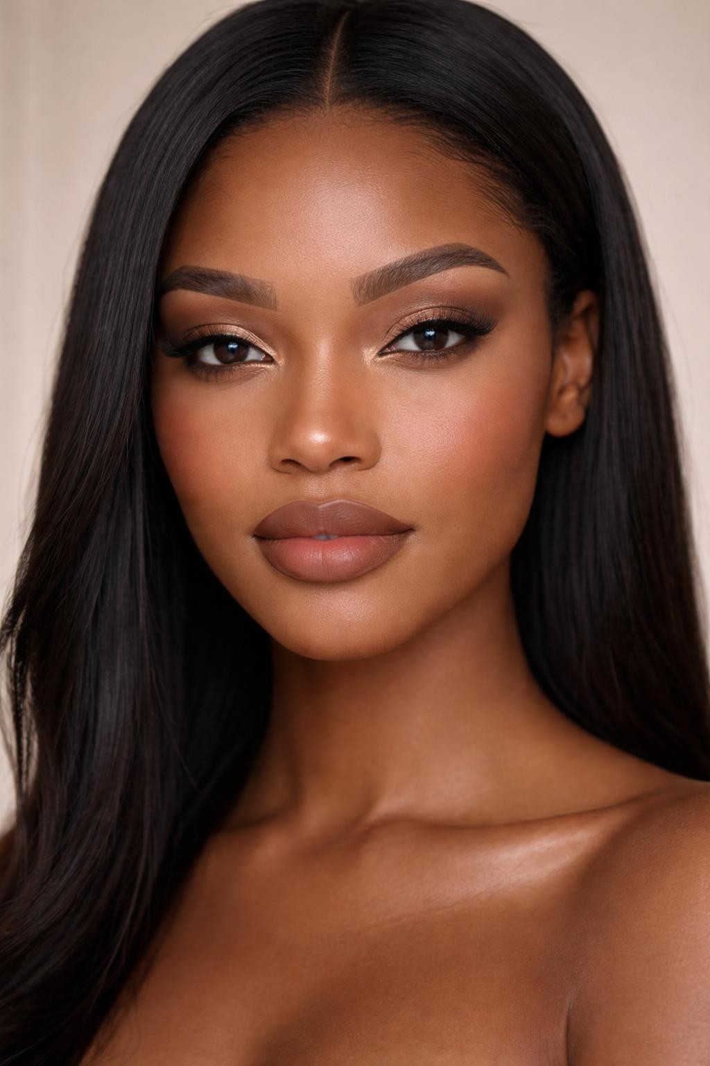 IMAGE_PROMPT: Super realistic close-up beauty portrait of a Black woman wearing soft glam makeup with taupe brown matte eyeshadow, softly defined cocoa crease, skin-like satin complexion, softly bronzed cheekbones, velvet nude brown lips, clean lifted lashes, and neat full brows, shot from a front-facing portrait, with soft beauty studio lighting that clearly reveals the soft matte eye texture and believable skin finish, realistic skin texture, sleek straight black hair, minimal soft backdrop, feminine modern beauty photography, latest iPhone photo quality (no watermarks on images).