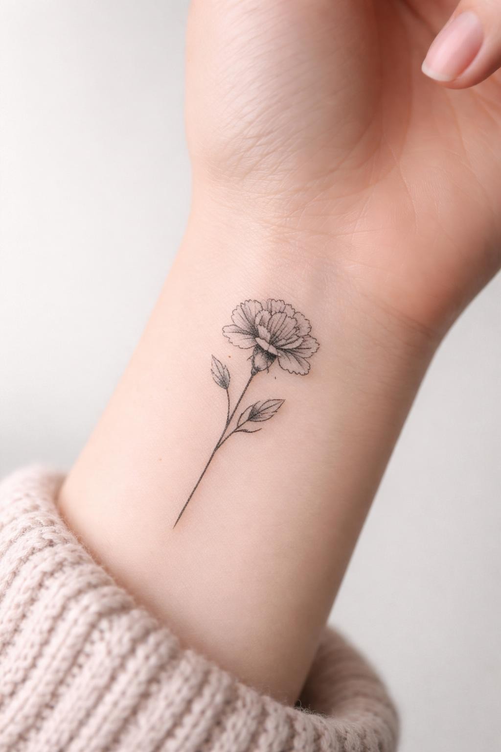 Image Prompt: "Extreme close-up of a fine line carnation flower tattoo on the inner wrist, delicate black ink floral design with soft ruffled petals, subtle grey shading, minimalist feminine style, realistic skin texture, neutral manicure, soft knit sweater sleeve slightly visible, design-focused close-up, clean soft background, modern tattoo inspiration photo, tattoo is the clear main subject (no watermarks on images)"