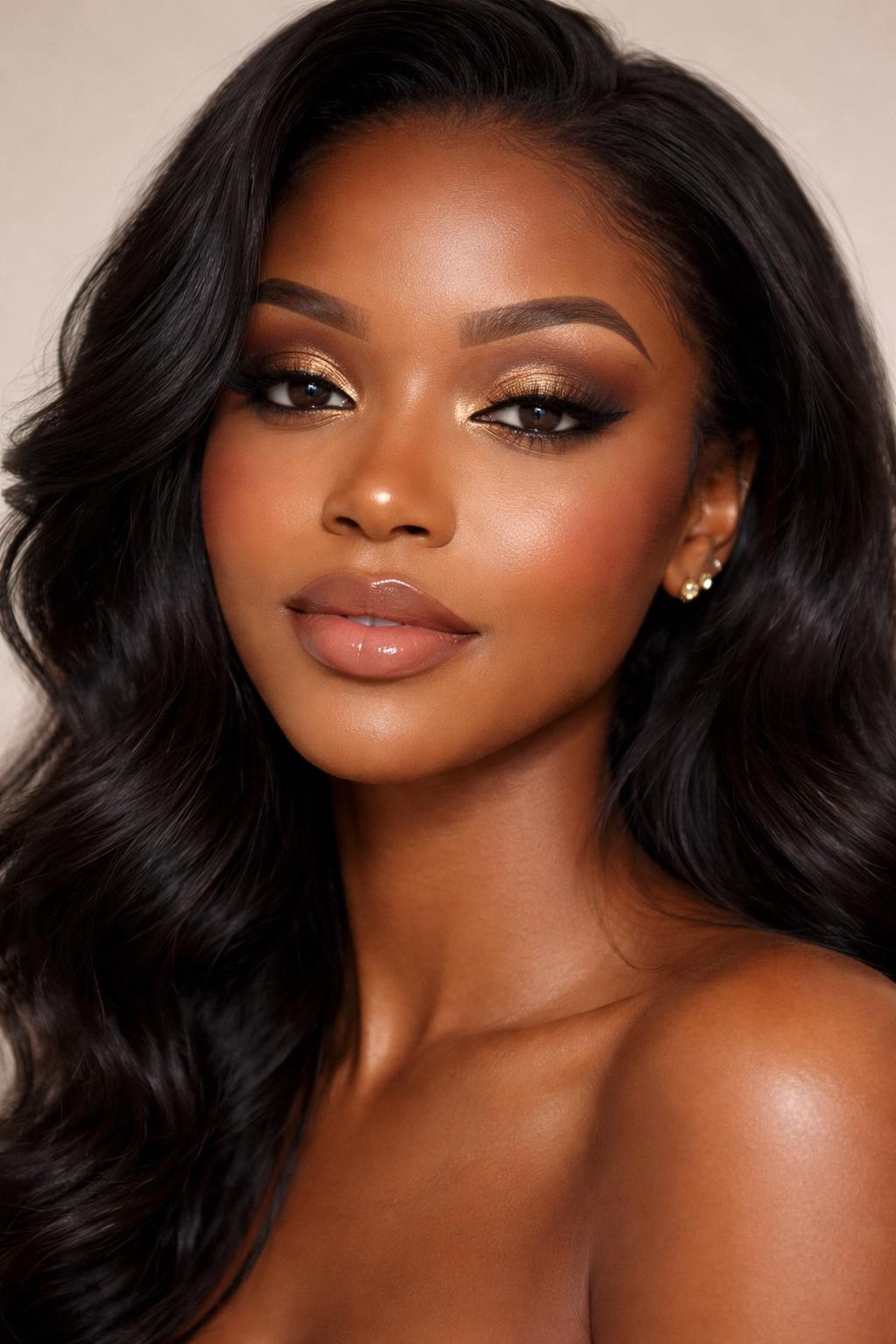IMAGE_PROMPT: Super realistic close-up beauty portrait of a Black woman wearing cute birthday makeup with soft brown crease shadow, rich gold shimmer on the inner lids, golden champagne highlight, luminous skin, brown nude satin lips, lifted lashes, and feathered brows, shot from a front-facing portrait, with diffused beauty studio lighting that clearly reveals the gold shimmer, highlight glow, and realistic skin texture, realistic skin texture, black hair styled in soft waves, minimal neutral background, feminine modern beauty photography, latest iPhone photo quality (no watermarks on images).