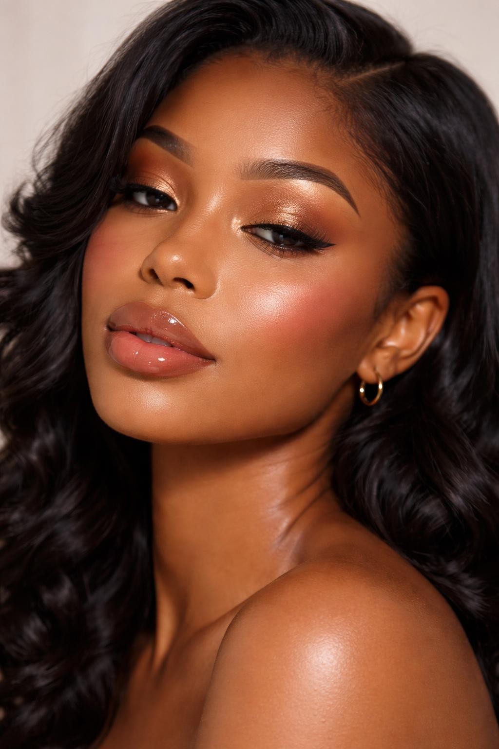 IMAGE_PROMPT: Super realistic close-up beauty portrait of a Black woman wearing soft glam makeup with honey bronze shimmer eyelids, warm matte brown crease, warm rose blush, nude lips topped with clear gloss, soft flutter lashes, glowing skin, and full softly brushed brows, shot from a three-quarter face angle, with diffused beauty studio lighting that clearly reveals the bronze shimmer, glossy lips, and realistic skin texture, realistic skin texture, softly curled black hair, minimal neutral background, feminine modern beauty photography, latest iPhone photo quality (no watermarks on images).