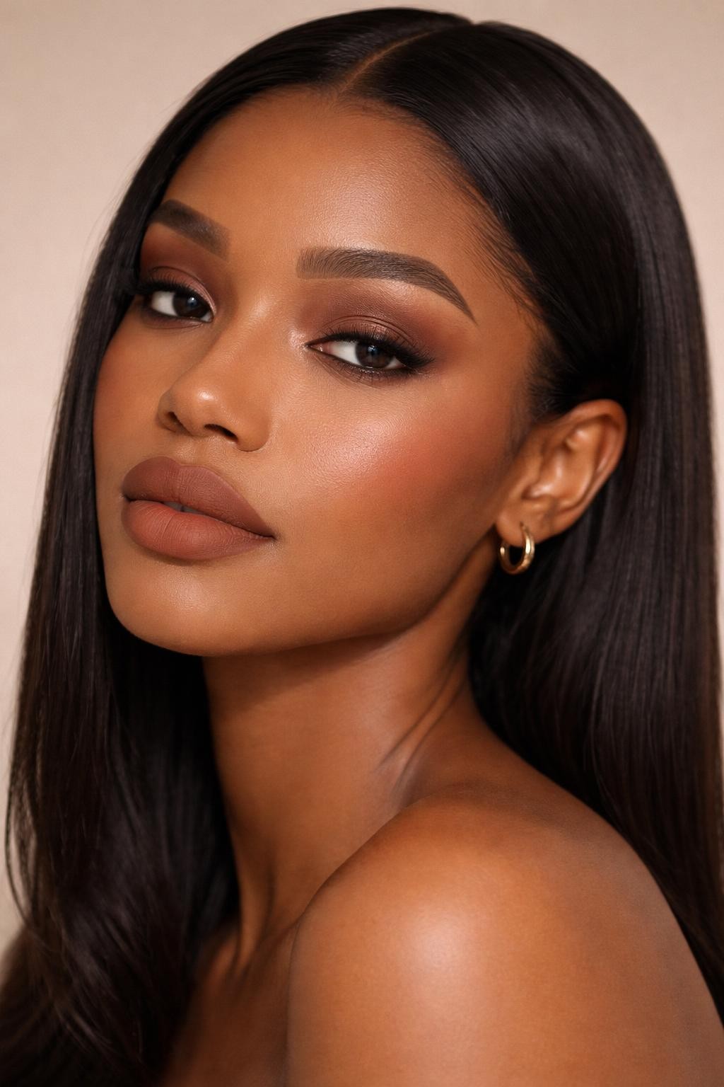 IMAGE_PROMPT: Super realistic close-up beauty portrait of a Black woman wearing classy nude makeup with matte mocha eyeshadow, deeper brown outer corner definition, soft matte skin, muted rose-brown blush, nude brown matte lips, fluffy brows, and natural lashes, shot from a three-quarter view, with soft vanity lighting that clearly reveals the matte textures and realistic skin finish, realistic skin texture, sleek middle-part black hair, minimal neutral background, feminine modern beauty photography, latest iPhone photo quality (no watermarks on images).