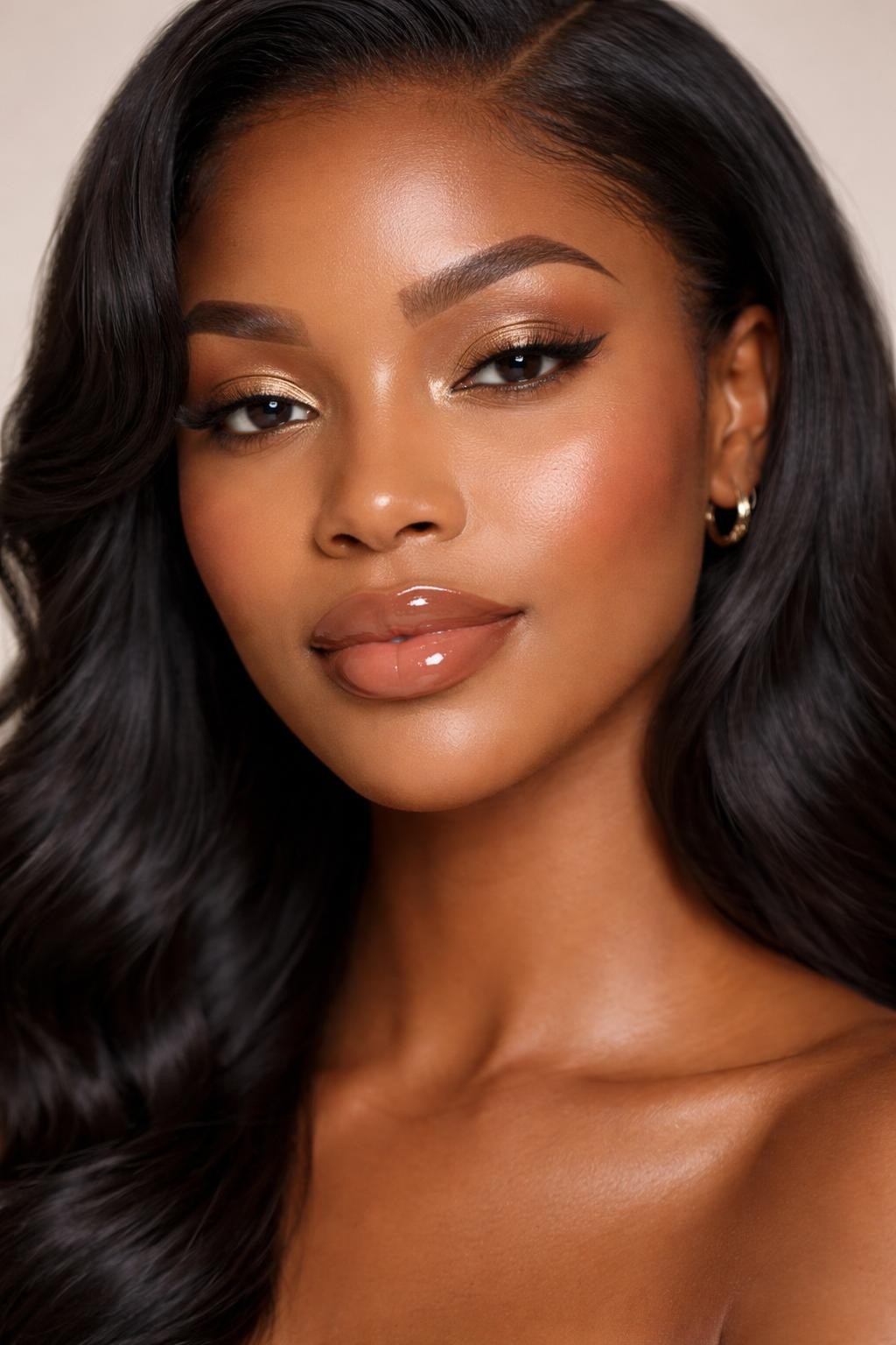 IMAGE_PROMPT: Super realistic close-up beauty portrait of a Black woman wearing classy nude makeup with golden beige shimmer eyelids, warm tan crease definition, soft brown eyeliner, radiant satin skin, warm apricot blush, toffee nude glossy lips, fluttery lashes, and softly brushed brows, shot from a front-facing portrait, with diffused studio lighting that clearly reveals the golden lid shimmer, lip shine, and realistic skin texture, realistic skin texture, black hair styled in polished waves, minimal neutral background, feminine modern beauty photography, latest iPhone photo quality (no watermarks on images).