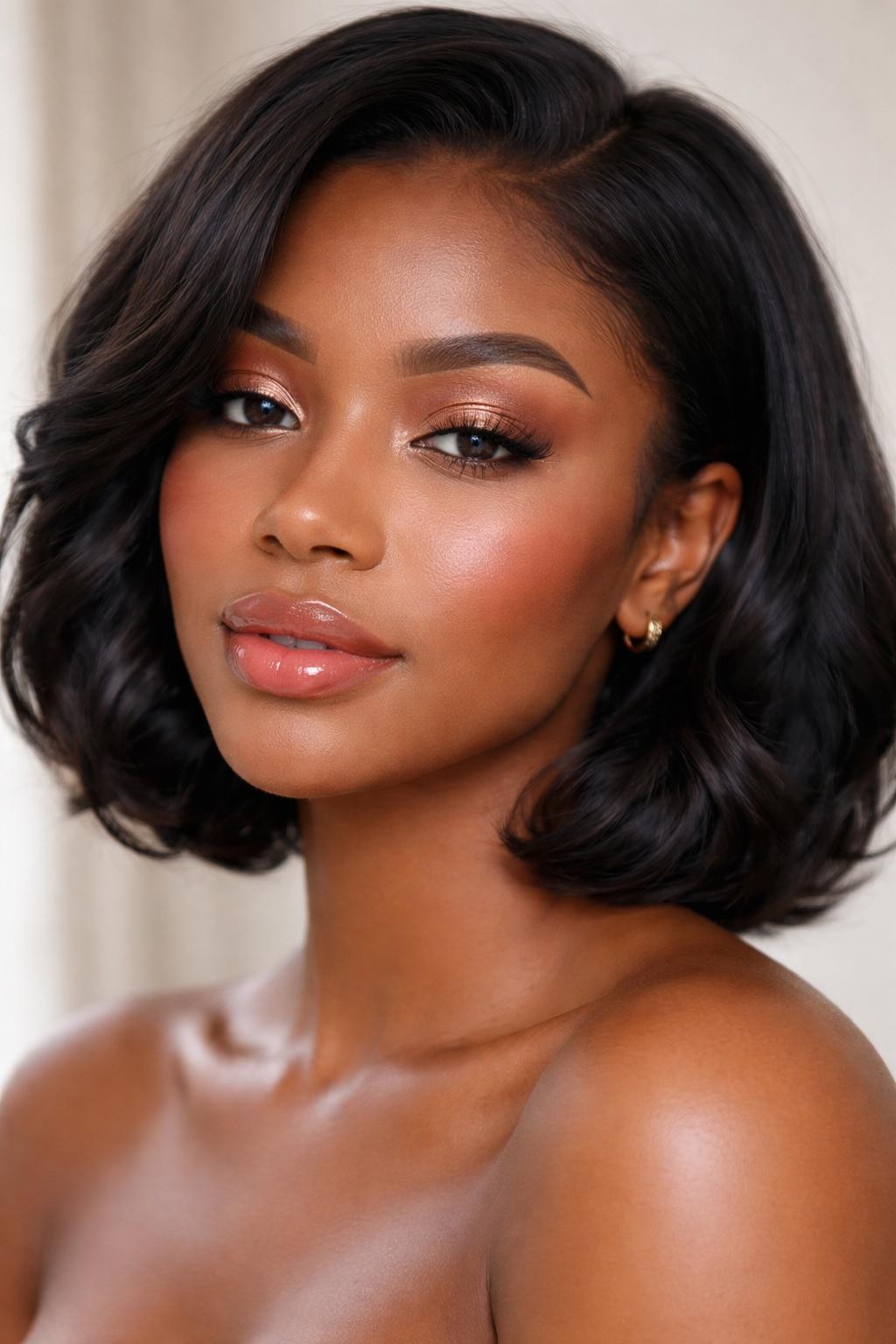 IMAGE_PROMPT: Super realistic close-up beauty portrait of a Black woman wearing soft glam makeup with peach bronze shimmer on the eyelids, warm soft brown crease, peach-rose blush, glossy pink nude lips, bright under-eye area, fluttery lashes, and softly shaped brows, shot from a three-quarter view, with diffused natural light that clearly reveals the warm lid shimmer and fresh skin finish, realistic skin texture, softly curled black bob hairstyle, minimal neutral background, feminine modern beauty photography, latest iPhone photo quality (no watermarks on images).