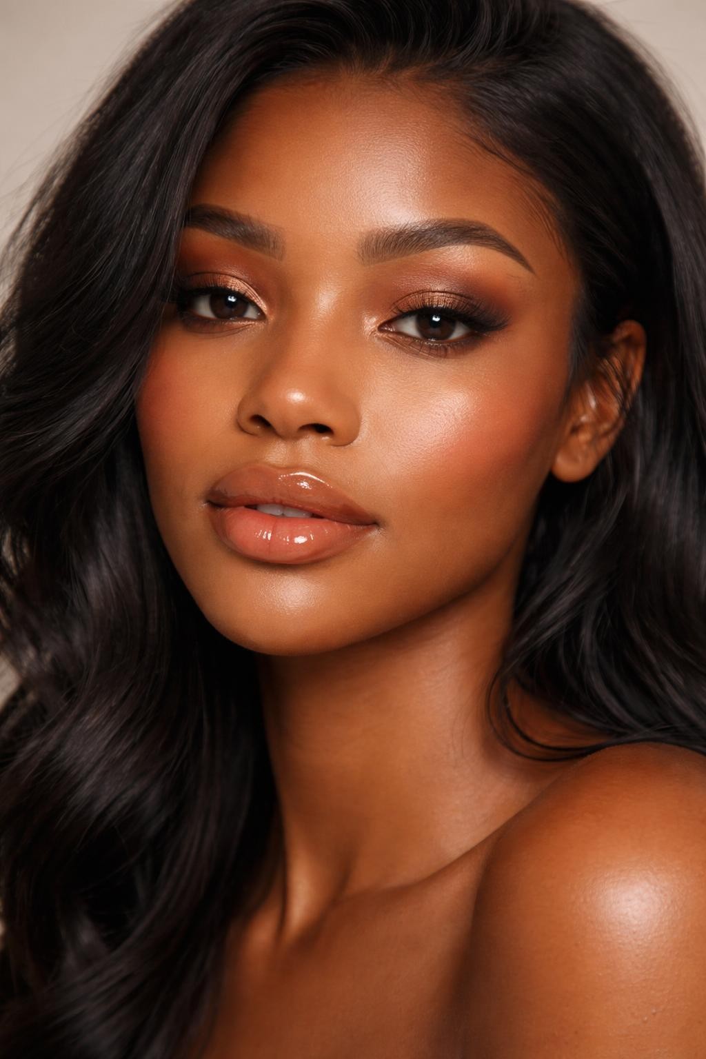 IMAGE_PROMPT: Super realistic close-up beauty portrait of a Black woman wearing soft glam makeup with warm bronze eyeshadow blended across the lids, caramel brown outer corners, soft brown eyeliner, glowing skin, warm terracotta-rose blush, caramel nude glossy lips, softly sculpted cheekbones, and full brushed brows, shot from a front-facing portrait, with diffused beauty studio lighting that clearly reveals the shimmer, skin texture, and lip shine, realistic skin texture, softly styled black hair framing the face, minimal neutral background, feminine modern beauty photography, latest iPhone photo quality (no watermarks on images).