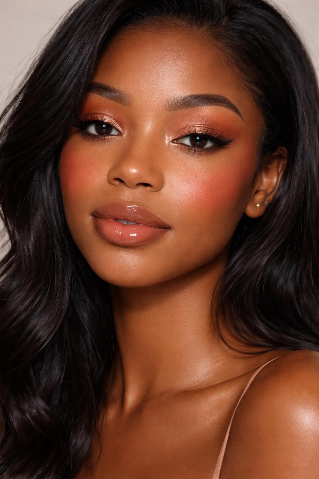 IMAGE_PROMPT: Super realistic close-up beauty portrait of a Black woman wearing cute birthday makeup with peach bronze shimmer eyelids, warm tan blended edges, radiant satin skin, peach-coral blush, glossy toffee nude lips, softly volumized lashes, and natural full brows, shot from a front-facing portrait, with diffused studio lighting that clearly reveals the warm shimmer, skin glow, and realistic lip texture, realistic skin texture, softly styled black hair framing the face, minimal neutral background, feminine modern beauty photography, latest iPhone photo quality (no watermarks on images).