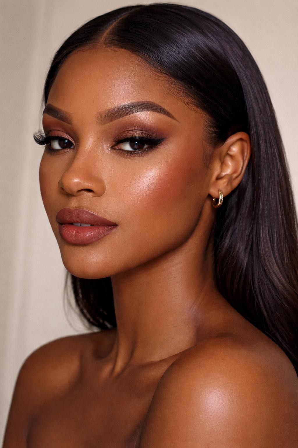 IMAGE_PROMPT: Super realistic close-up beauty portrait of a Black woman wearing soft glam makeup with matte mocha eyeshadow, deeper cocoa outer corners, softly bronzed skin, mauve nude lips with brown liner, full groomed brows, and soft volumized lashes, shot from a three-quarter view, with soft vanity lighting that clearly reveals the matte eye texture and believable skin finish, realistic skin texture, sleek middle-part hair, minimal neutral background, feminine modern beauty photography, latest iPhone photo quality (no watermarks on images).