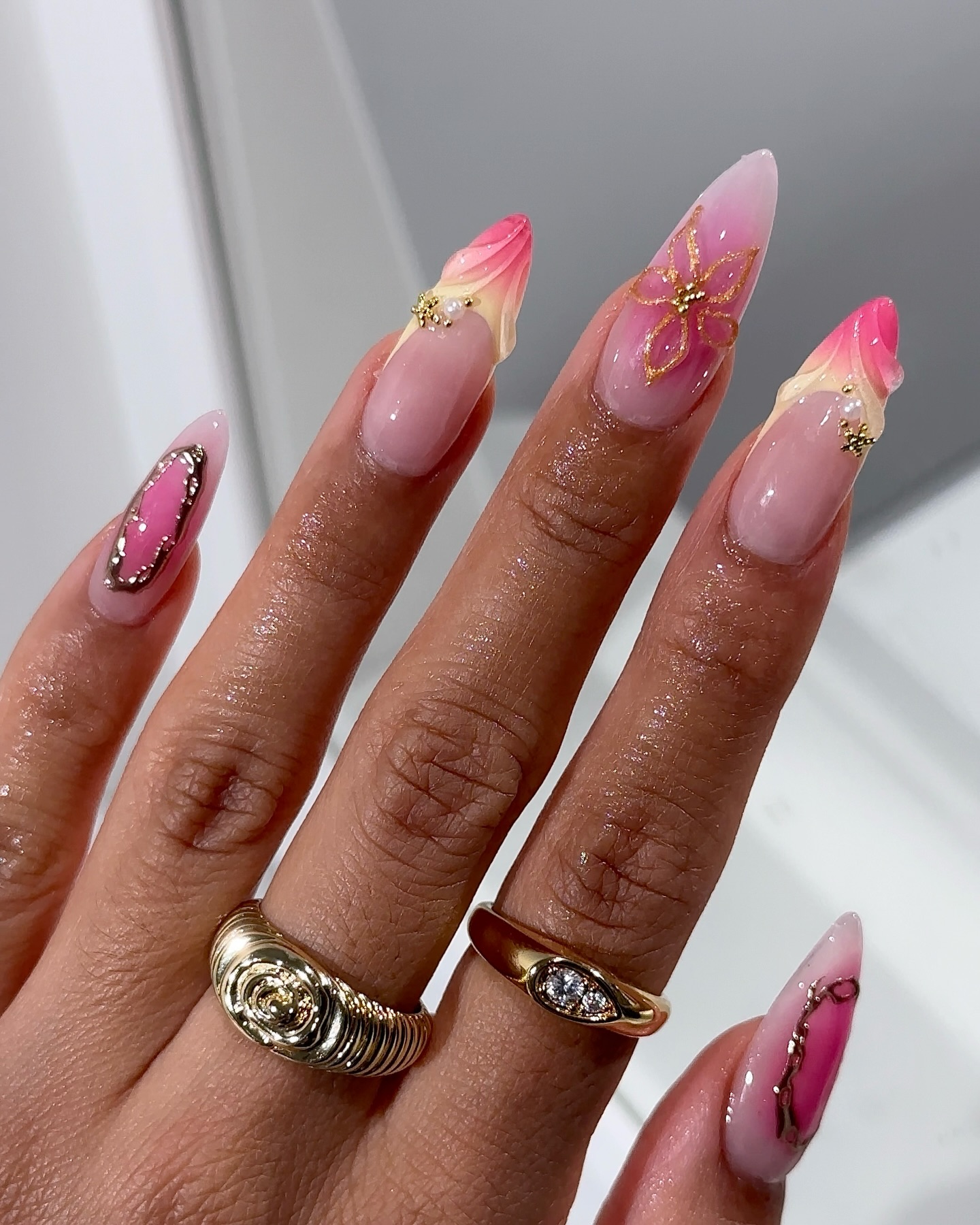 Acrylic Pink Nails with Touch of Yellow